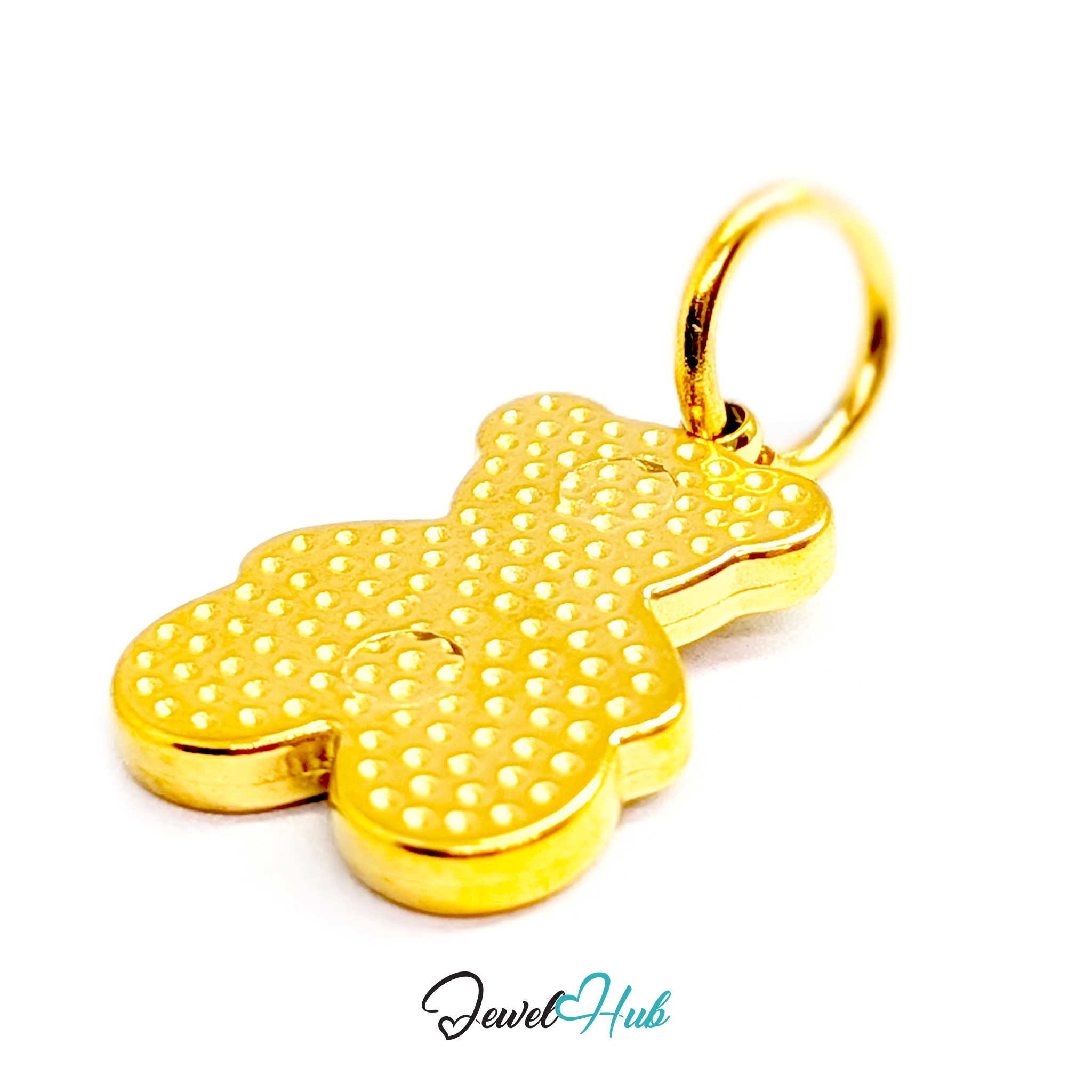 A gold-colored, flower-shaped pendant charm with a textured, dotted surface pattern and a matching split ring at the top, shown on a white background with a 'JewelHub' watermark at the bottom.