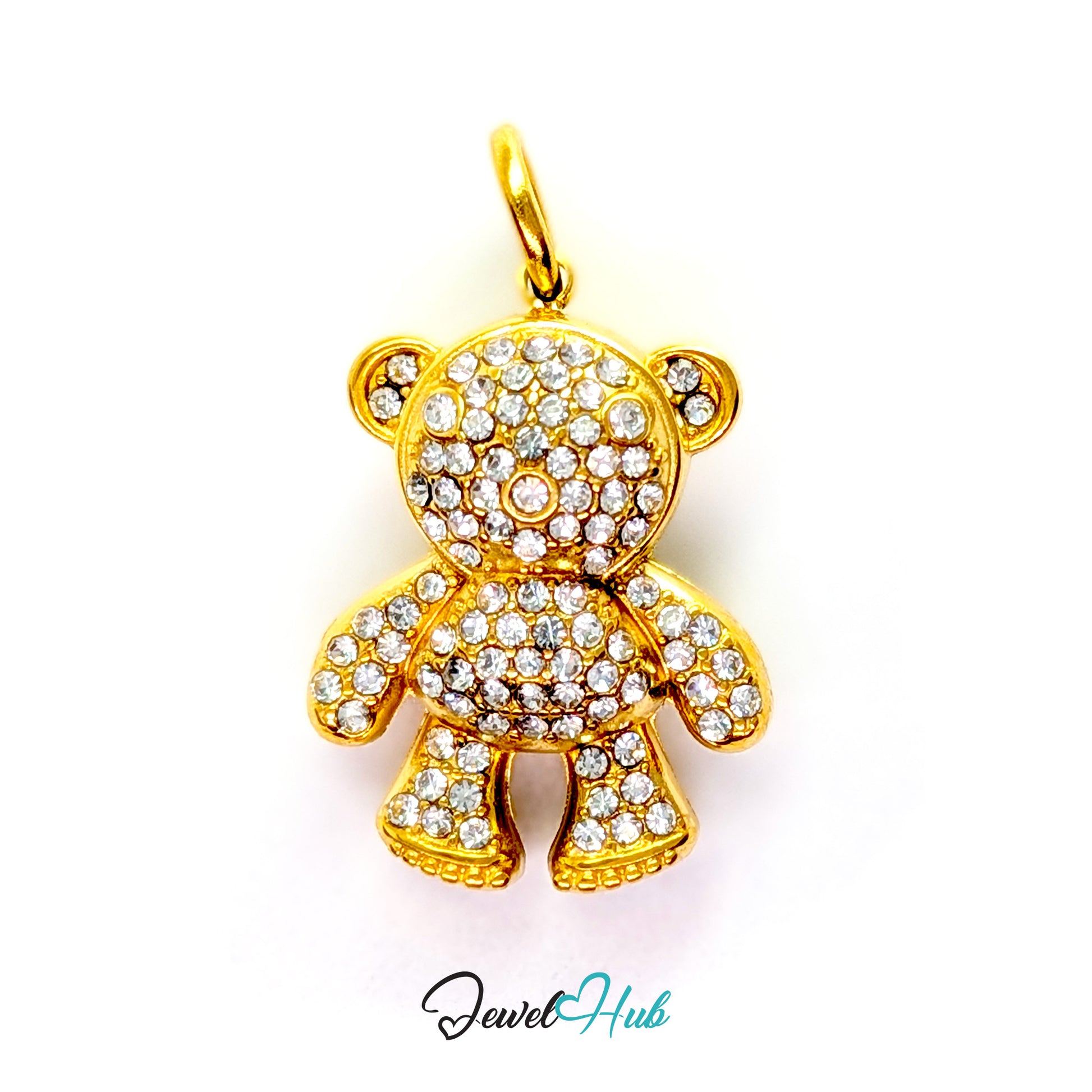 A gold teddy bear pendant encrusted with clear rhinestones, shown against a plain white background with a 'JewelHub' watermark at the bottom.