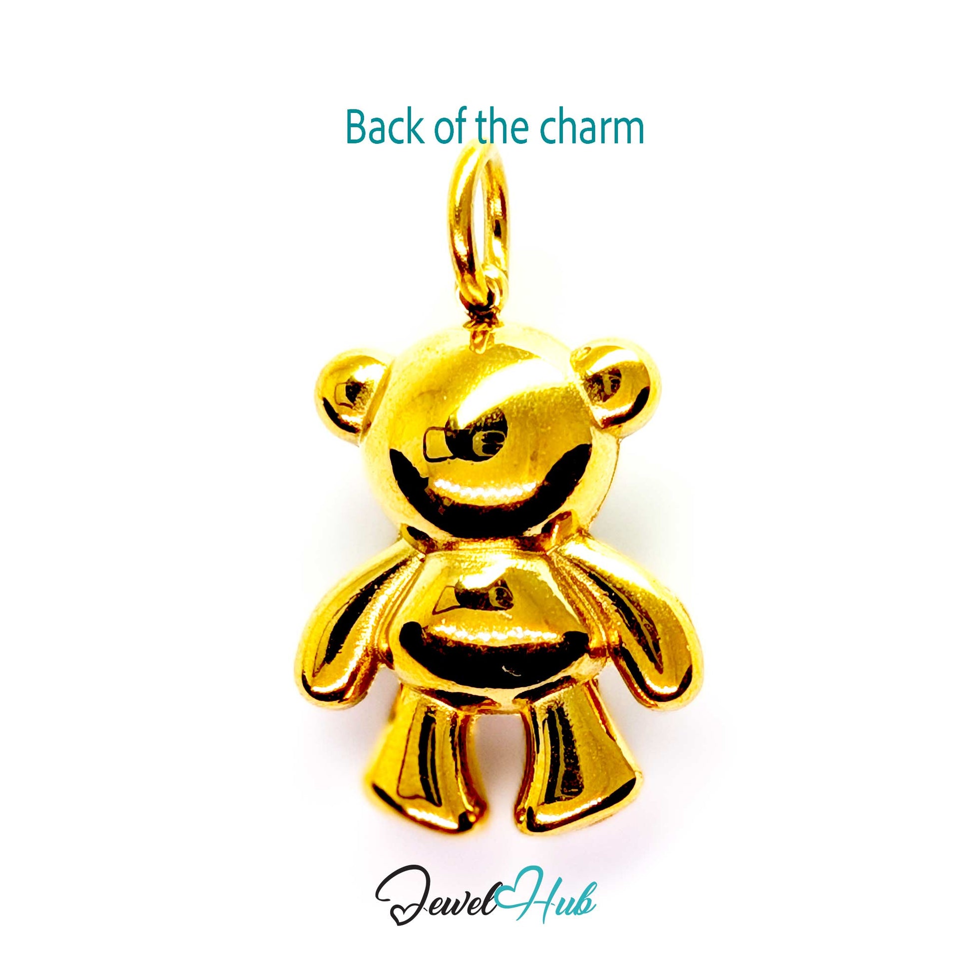 A shiny gold teddy bear charm pendant shown from the back, with a small loop at the top for attachment. The text 'Back of the charm' appears above, and the 'JewelHub' logo appears below on a plain white background.