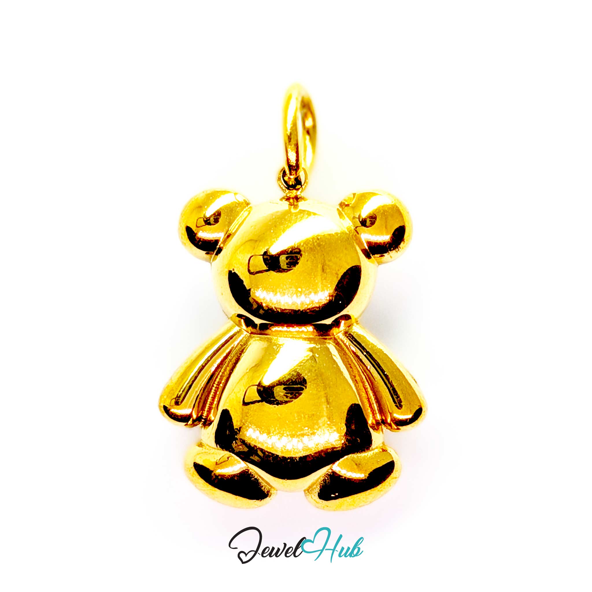 A shiny gold teddy bear pendant charm on a plain white background, with a small 'JewelHub' watermark at the bottom.