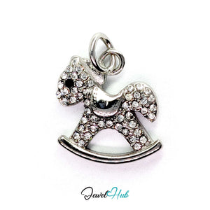 Crystal rocking horse charm in silver stainless steel, pave-set with clear crystals - JewelHub