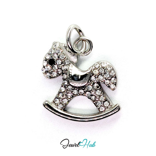 Crystal rocking horse charm in silver stainless steel, pave-set with clear crystals - JewelHub