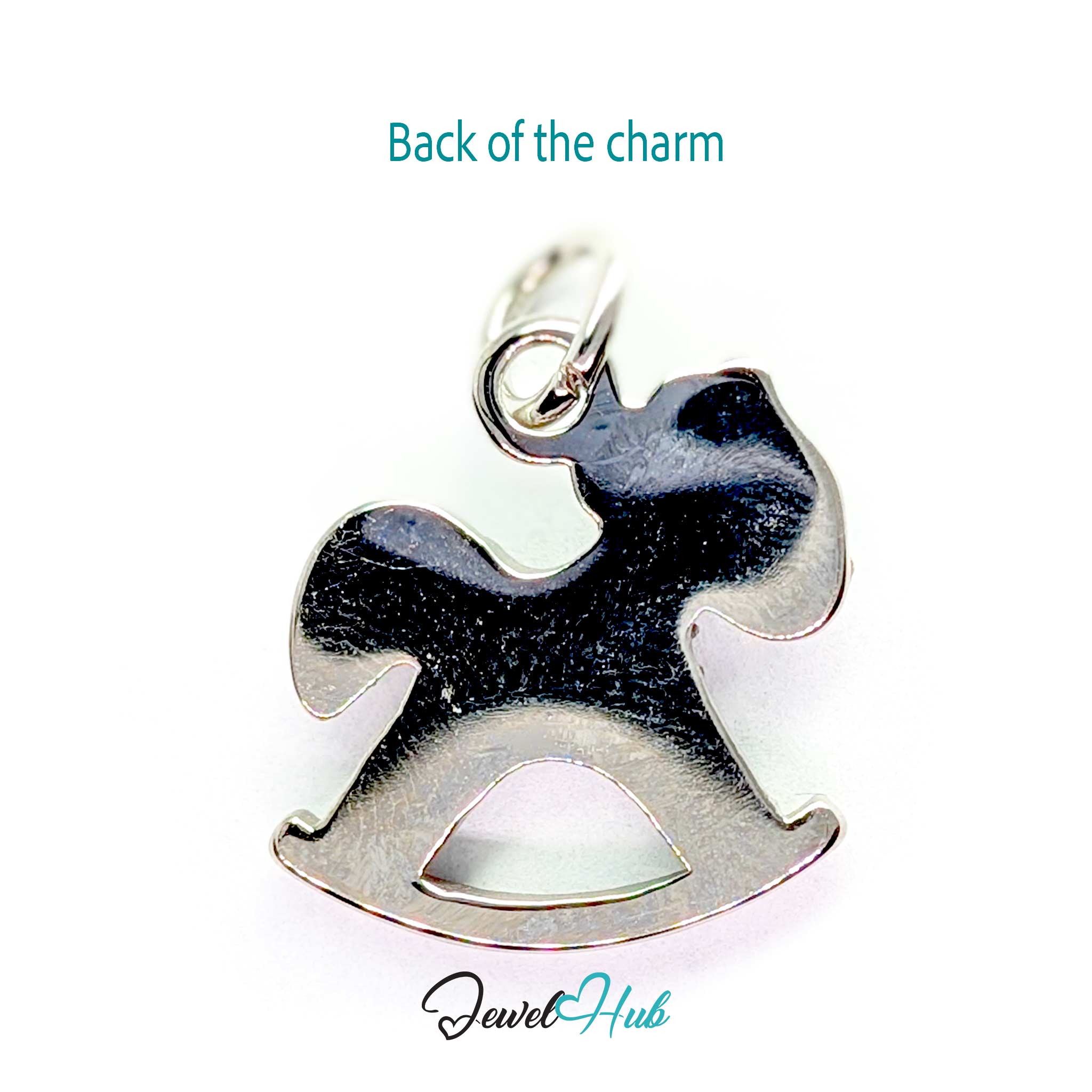 Back of the silver rocking horse charm - smooth polished steel with no stones - JewelHub