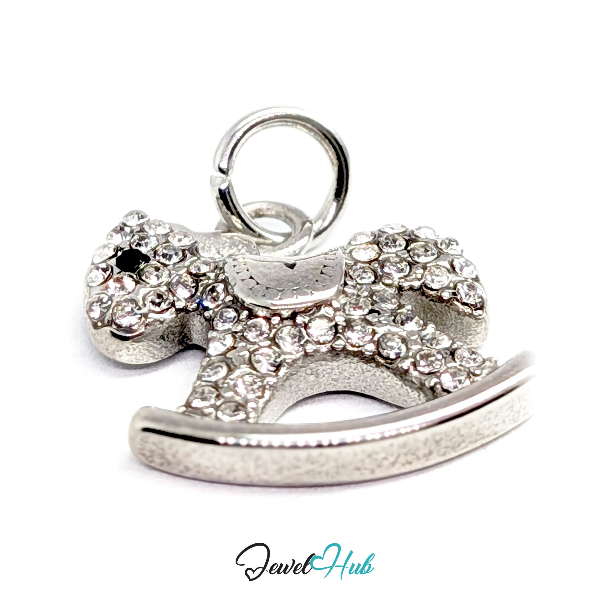 Silver rocking horse charm from above, showing the curved rocker and open jump ring - JewelHub