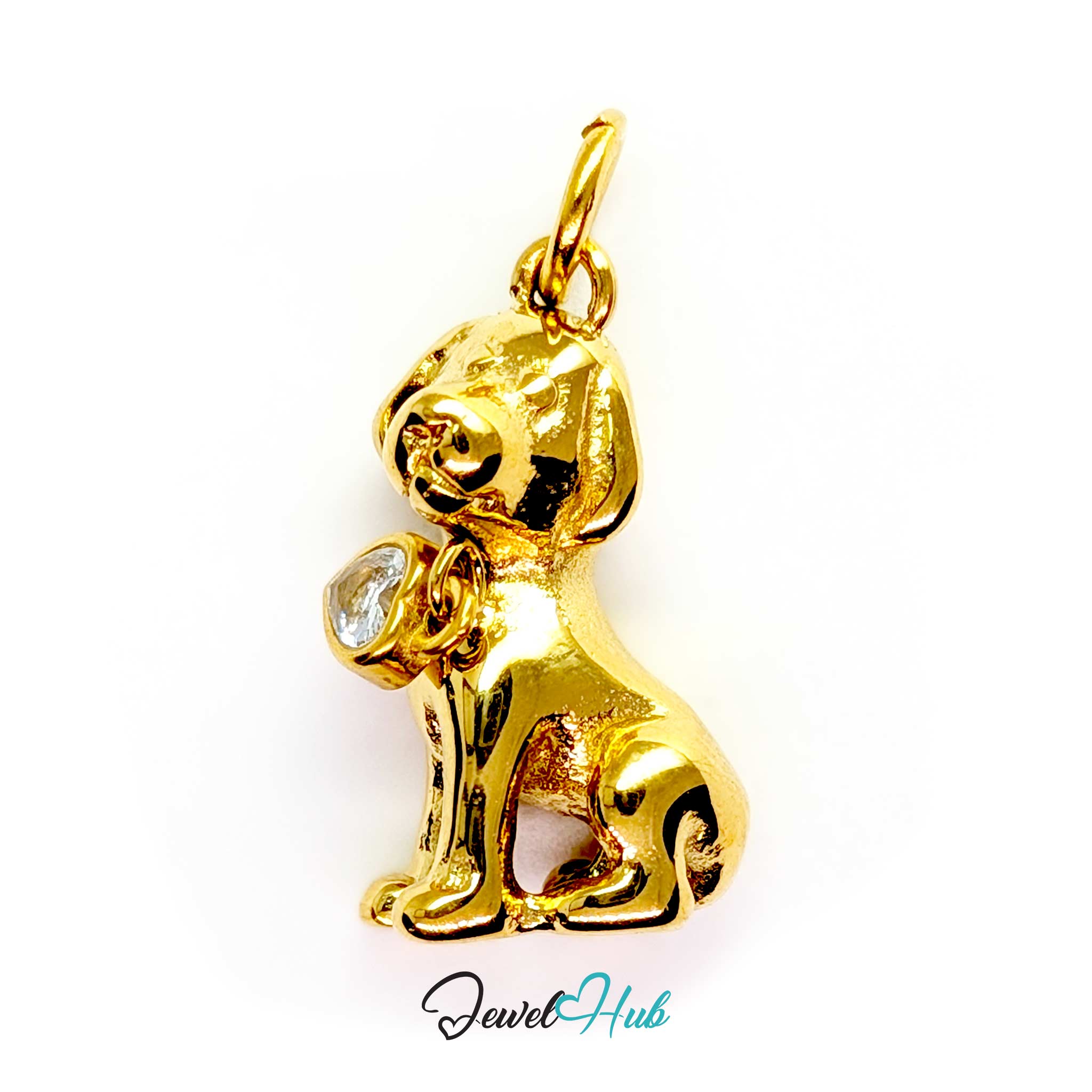 Crystal sitting puppy charm in gold stainless steel with a heart-shaped crystal collar tag - JewelHub