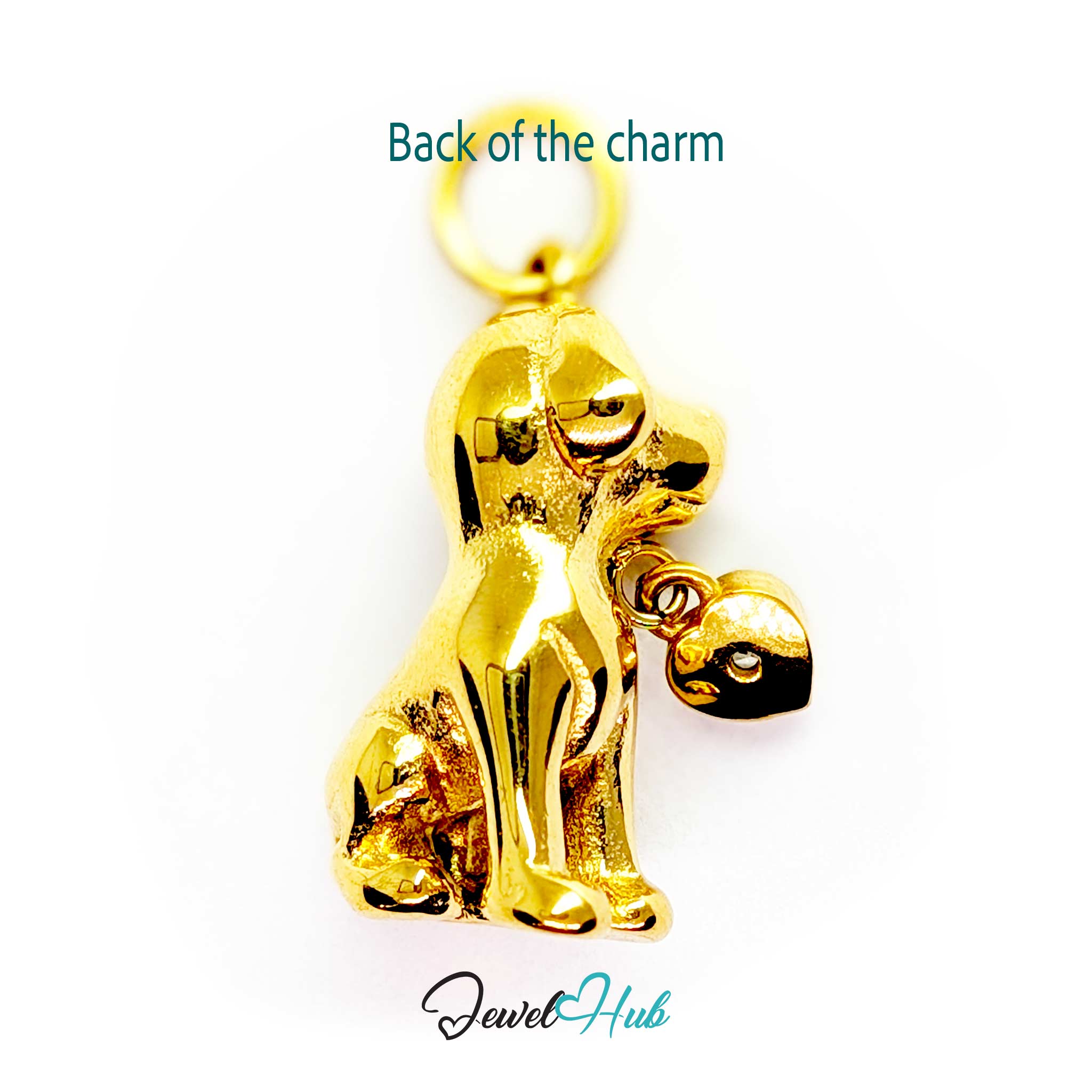 Back of the gold sitting puppy charm - sculpted in the round with no flat panel - JewelHub