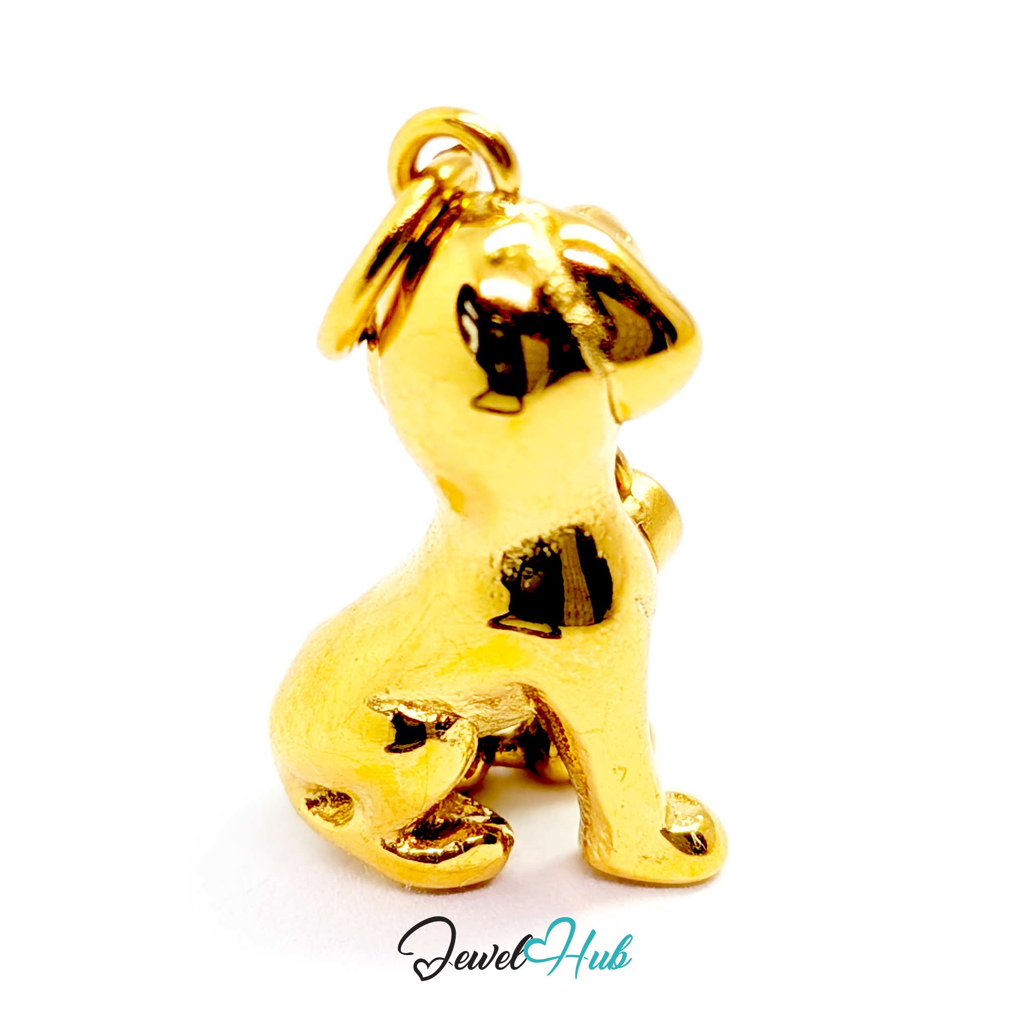 Gold sitting puppy charm from behind, showing the folded ears and curled tail - JewelHub