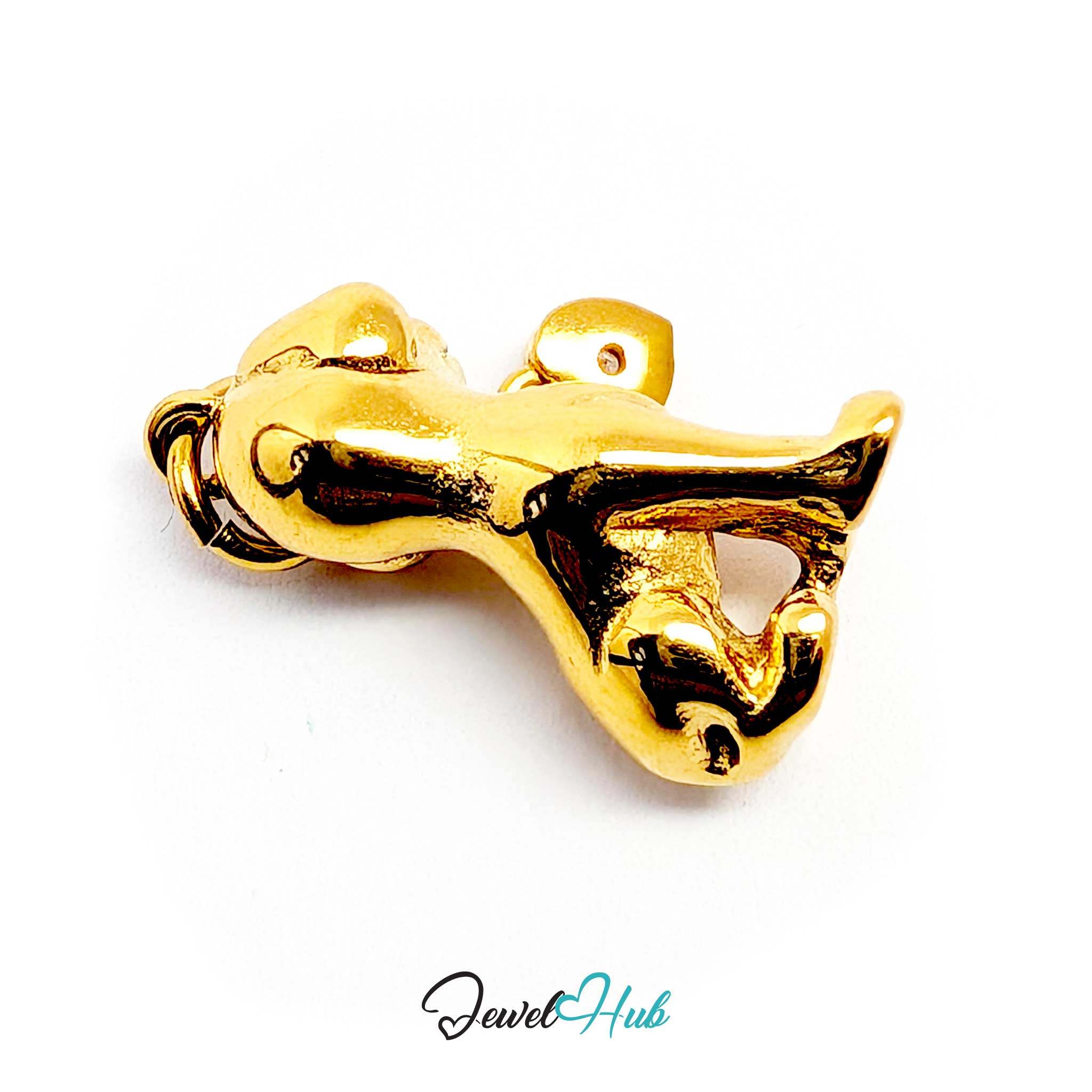 Gold sitting puppy charm laid on its side to show the sculpted paws and tail - JewelHub