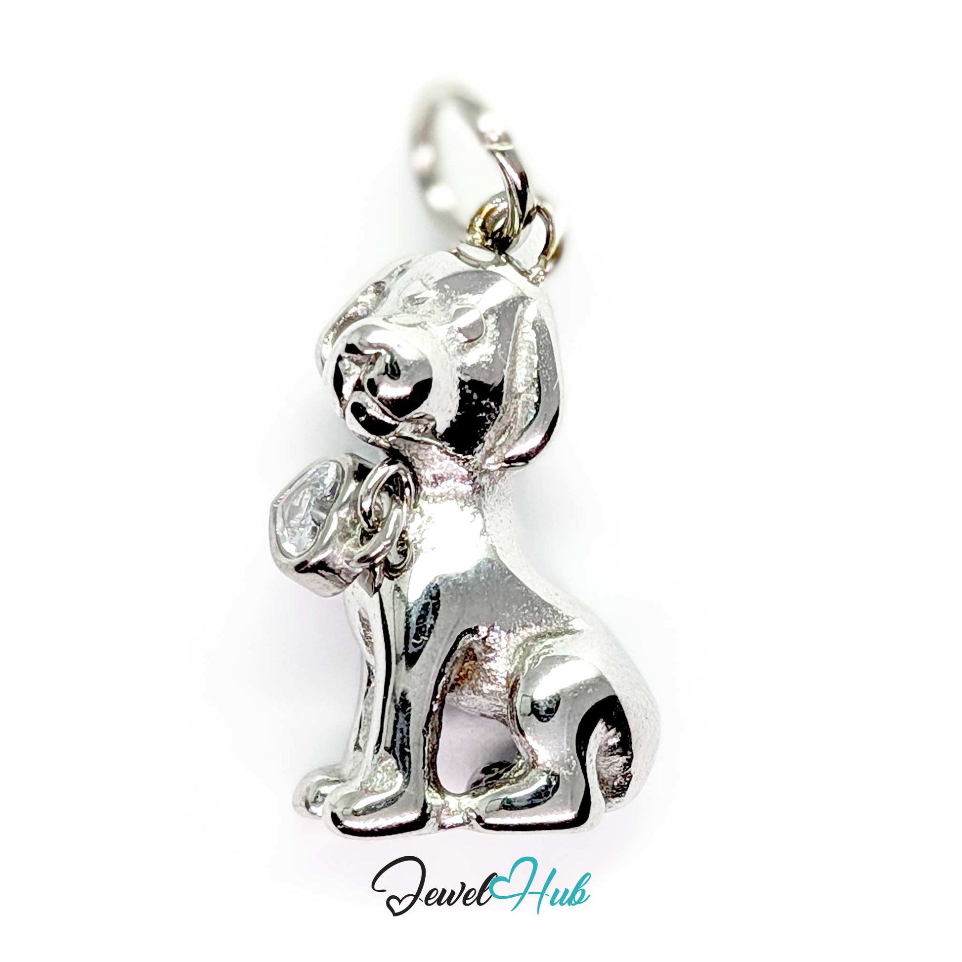 Crystal sitting puppy charm in silver stainless steel with a heart-shaped crystal collar tag - JewelHub