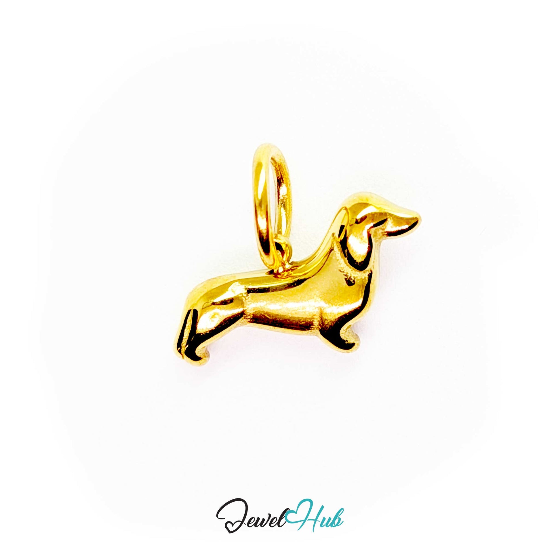 Classic dachshund sausage dog charm in gold stainless steel, 16mm long - JewelHub