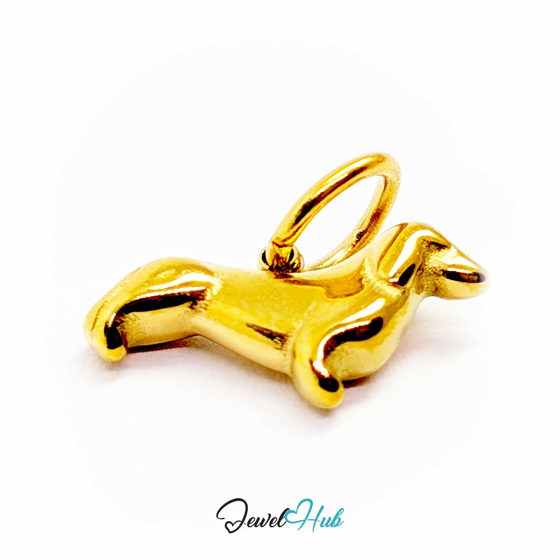 Gold dachshund charm angled to show the curved flank and raised chest - JewelHub