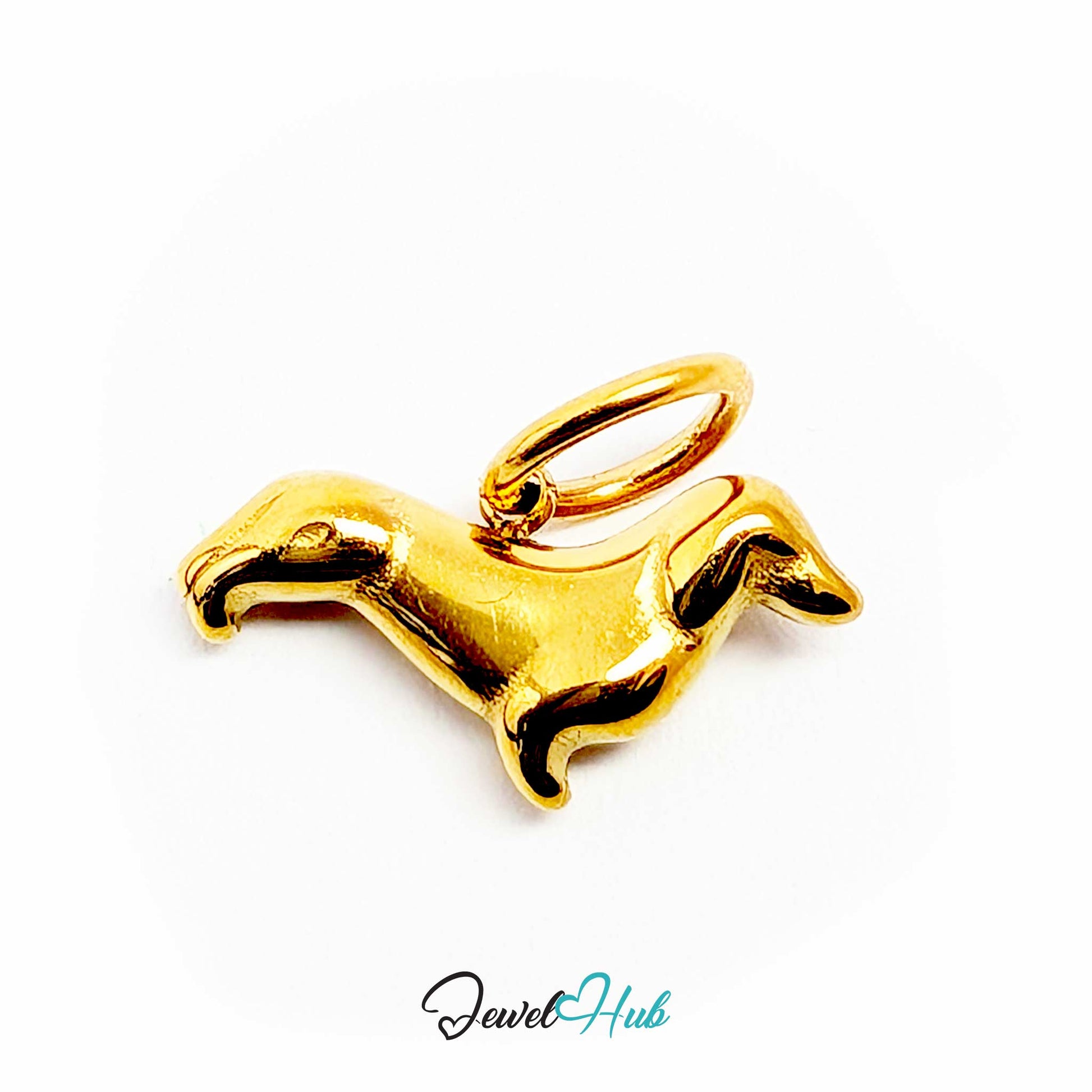 Side view of the gold dachshund charm and its open jump ring - JewelHub
