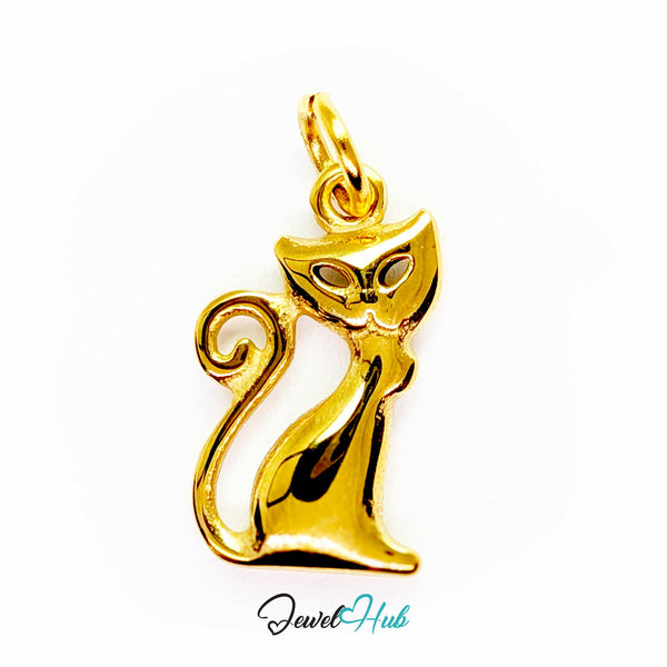 Classic standing cat charm in gold stainless steel with a curled sweeping tail - JewelHub
