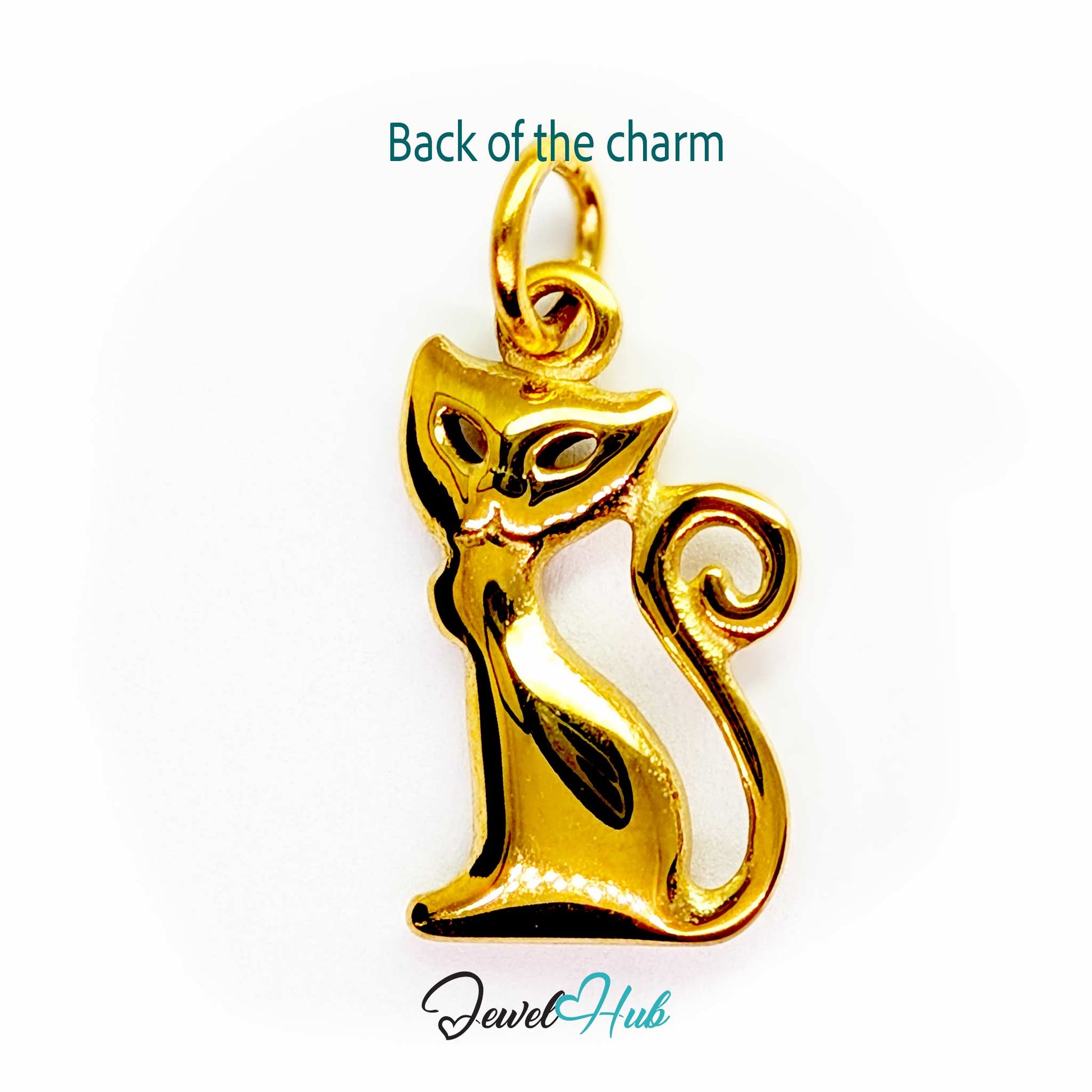 Back of the gold standing cat charm - sculpted on both sides with no flat panel - JewelHub