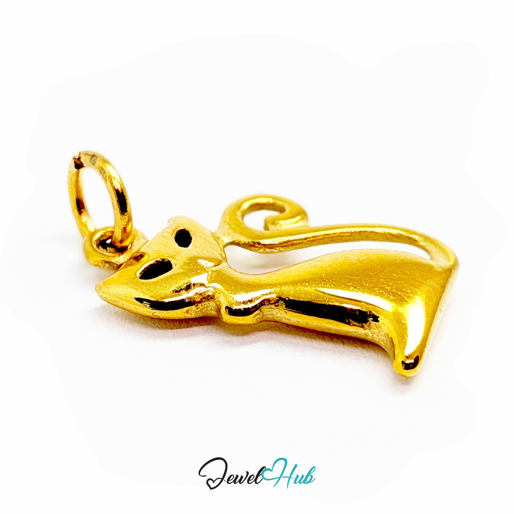 Gold standing cat charm laid flat to show its slim 3mm profile - JewelHub