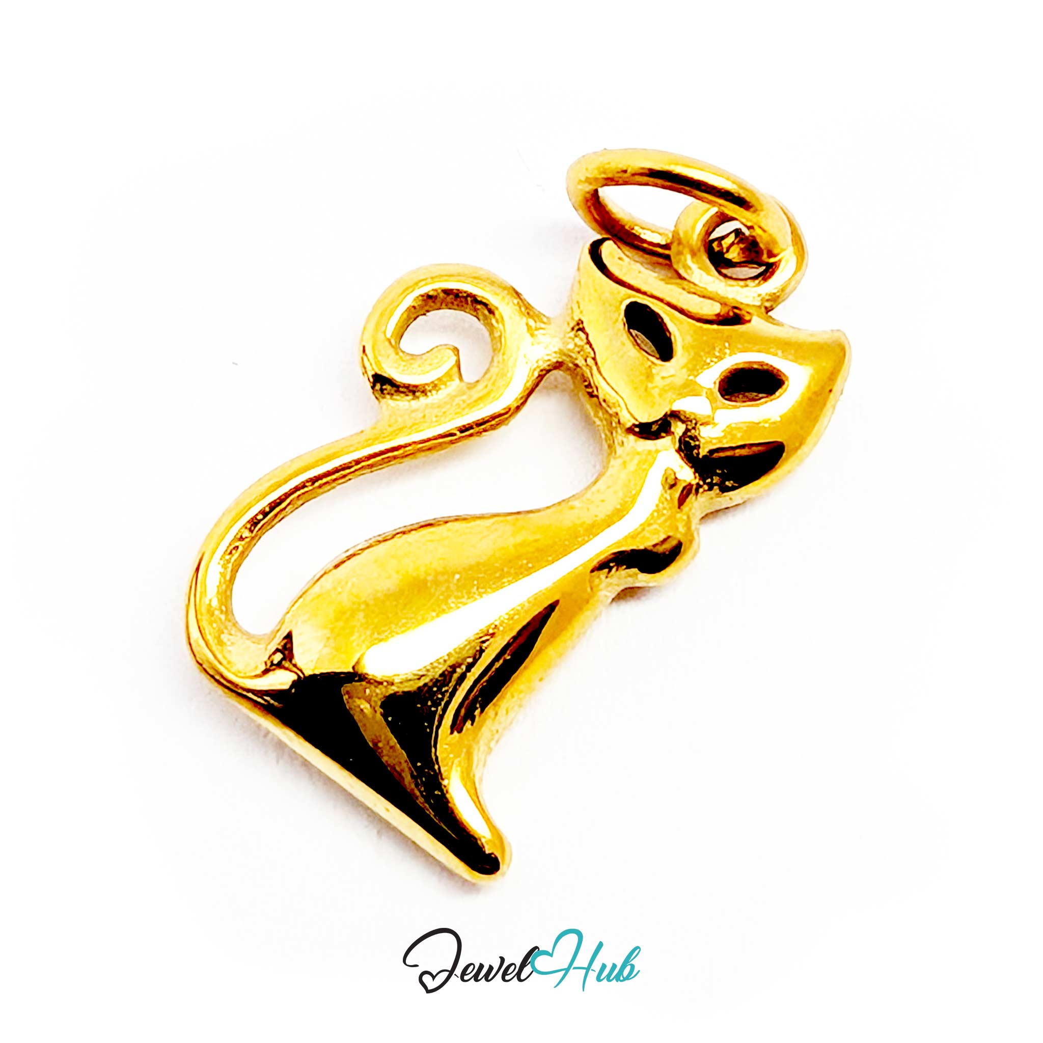 Gold standing cat charm tilted to show the curl of the tail from behind - JewelHub