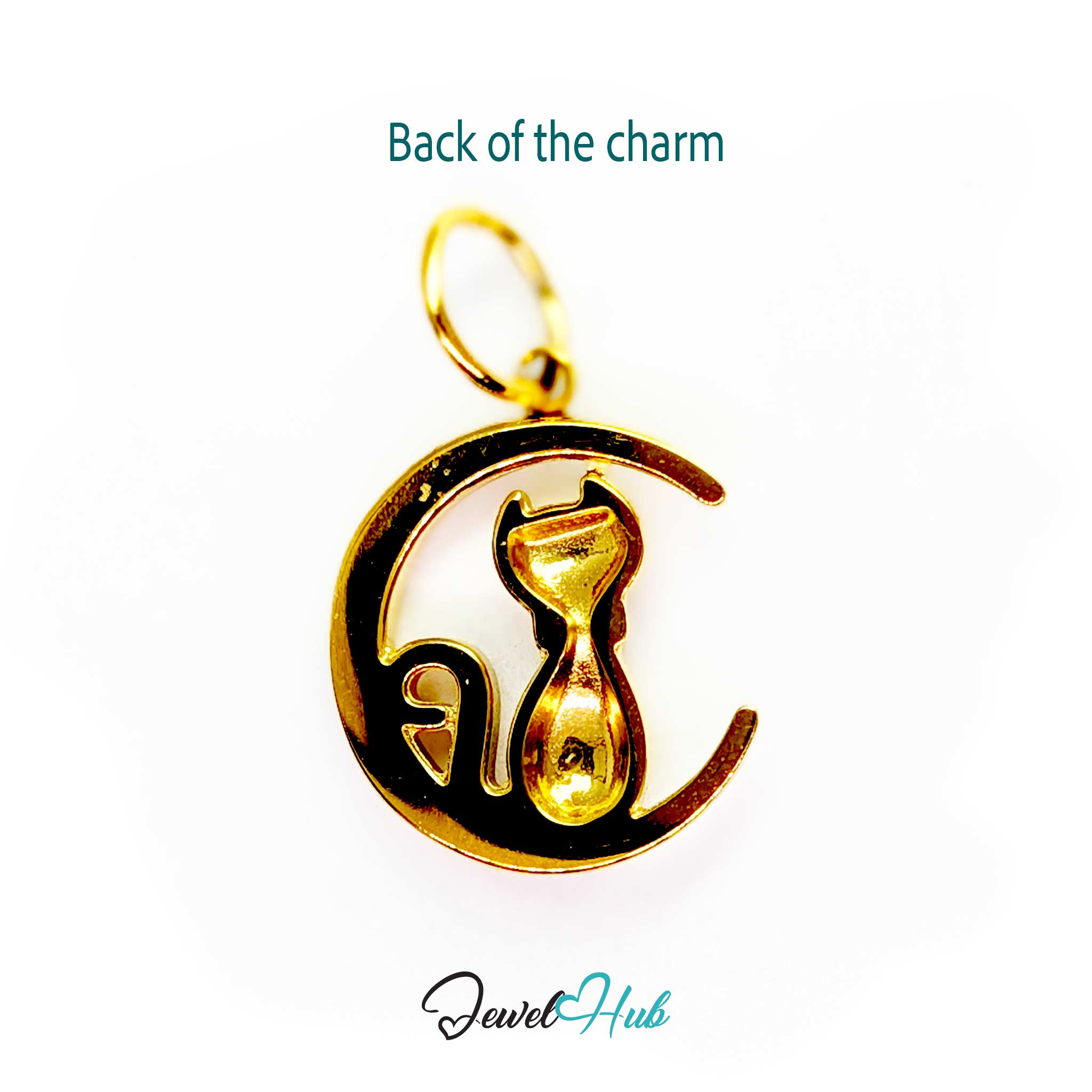 Back of the gold cat and moon charm - modelled on both sides with an open cut-out - JewelHub
