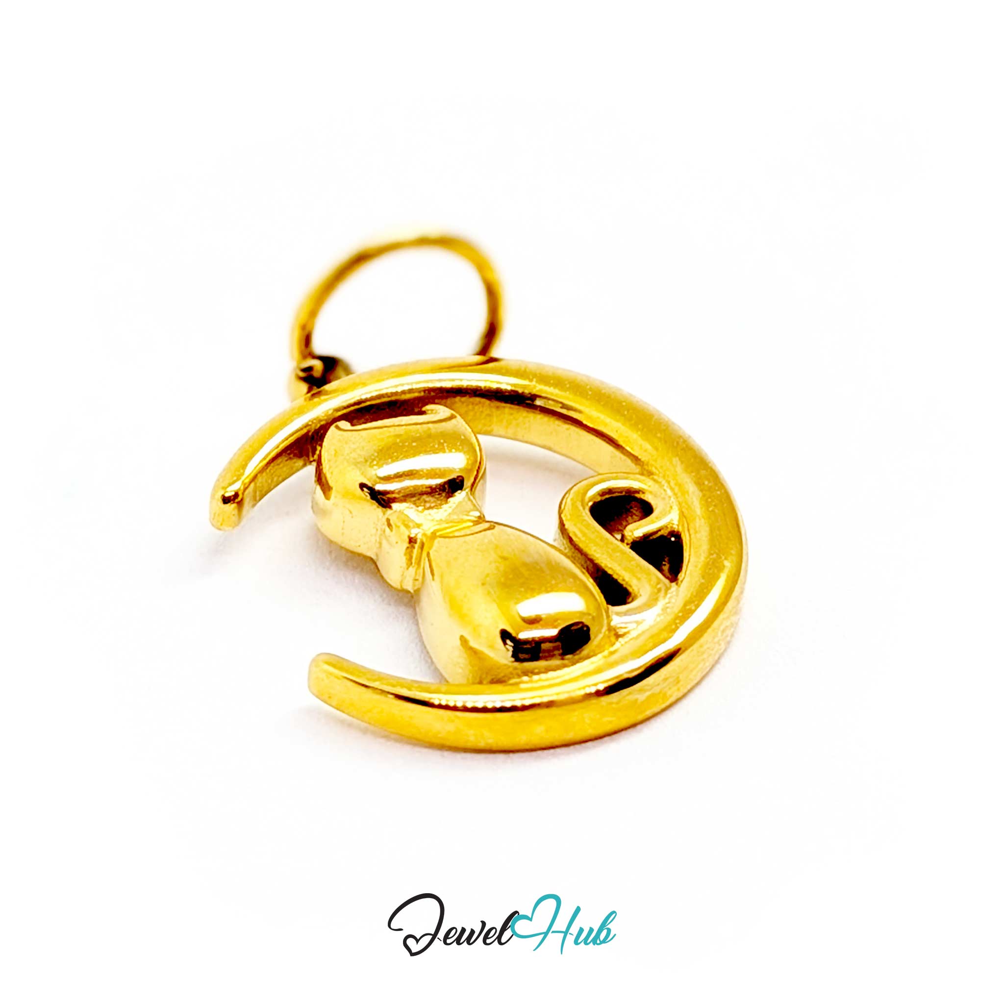Gold cat and moon charm angled to show the openwork between cat and crescent - JewelHub