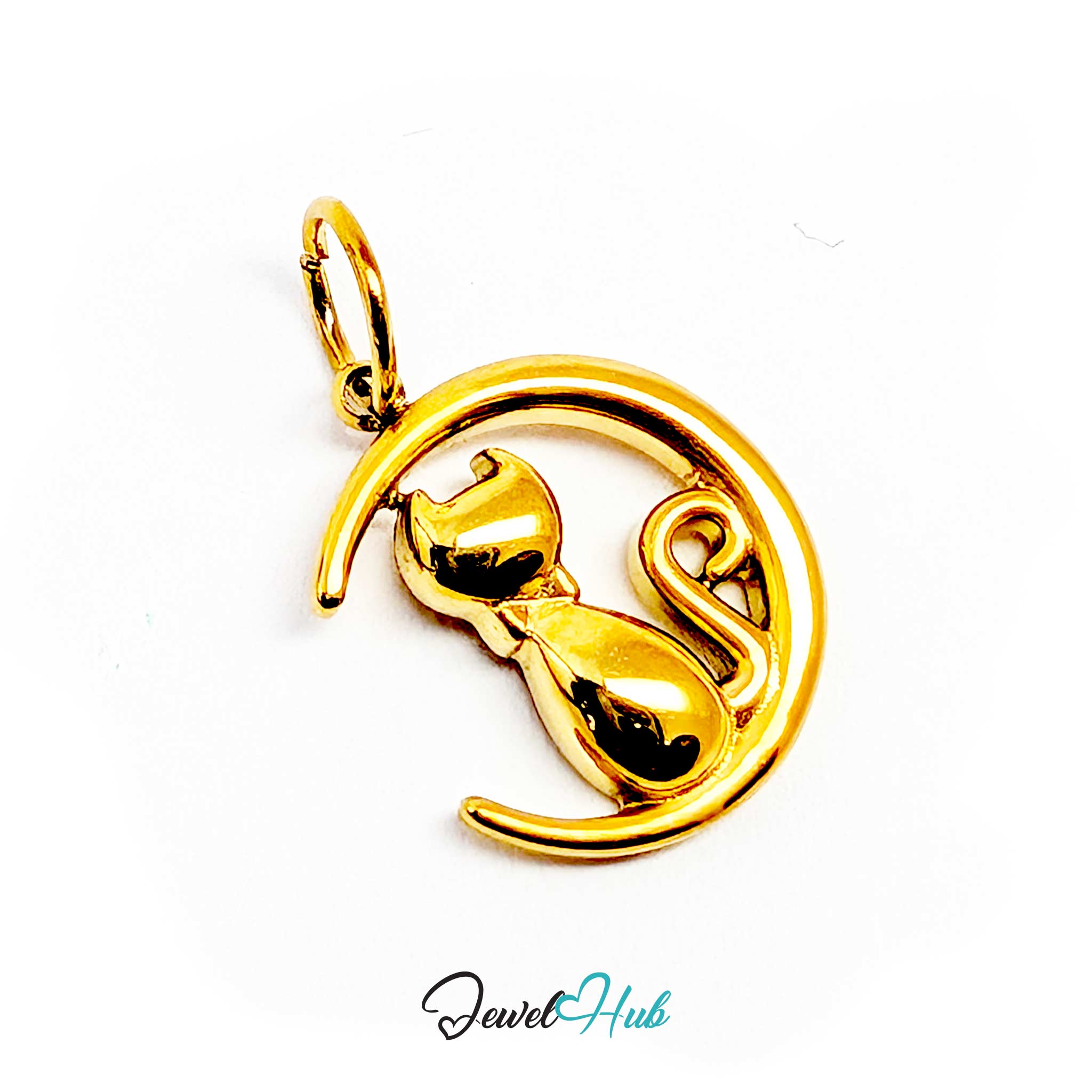 Side view of the gold cat and moon charm, only 2.5mm deep - JewelHub
