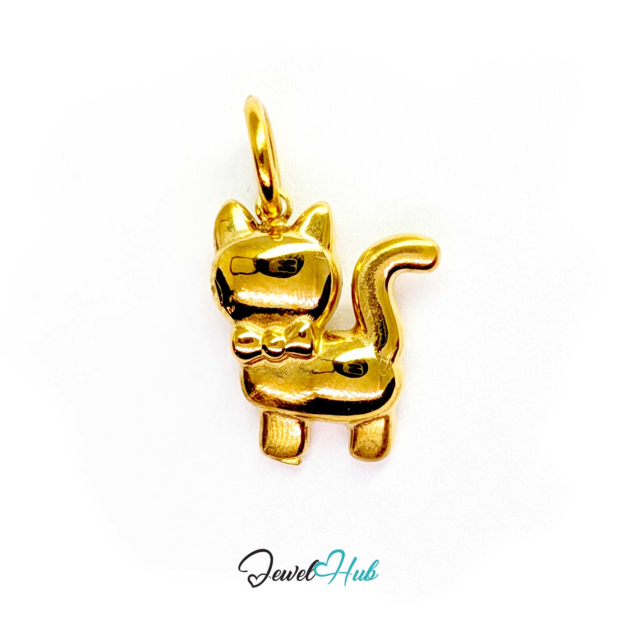 Cute cat charm in gold stainless steel, standing with its tail held up - JewelHub