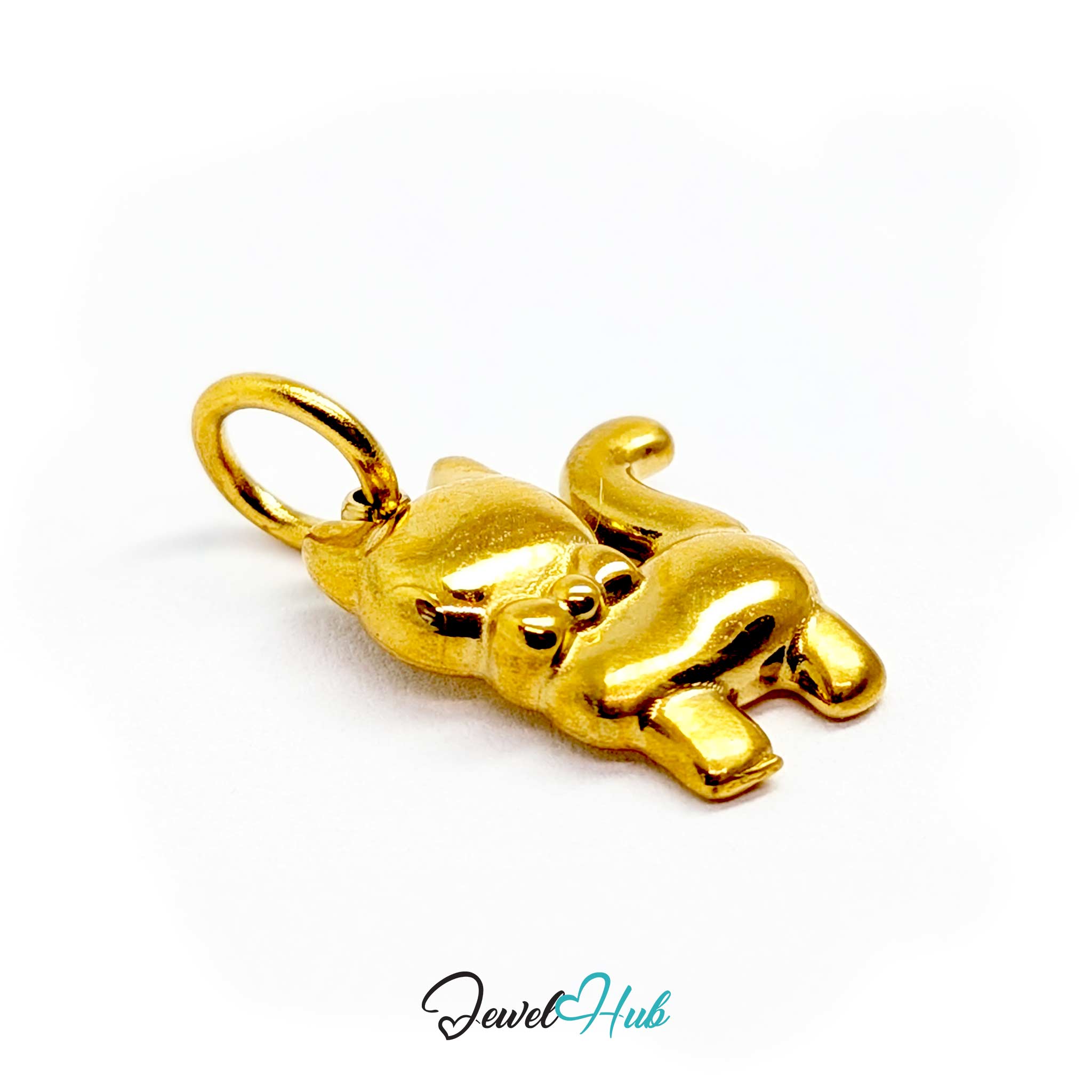 Gold cute cat charm from above, showing its rounded body and four short legs - JewelHub