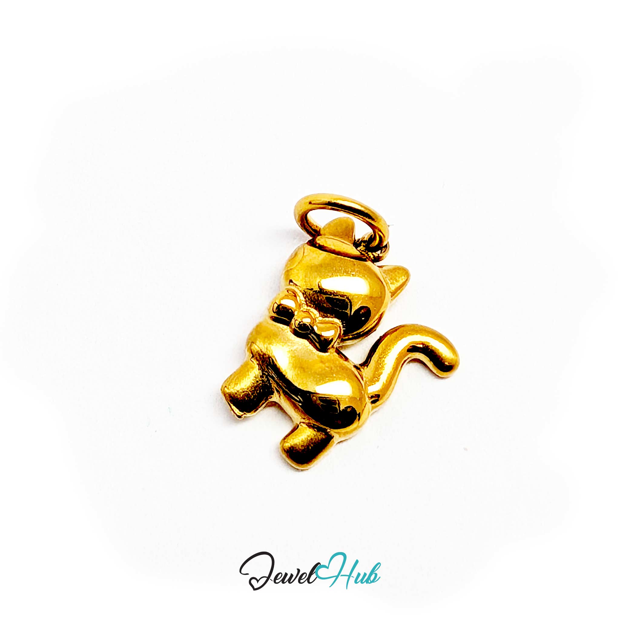 Side view of the gold cute cat charm and its open jump ring - JewelHub