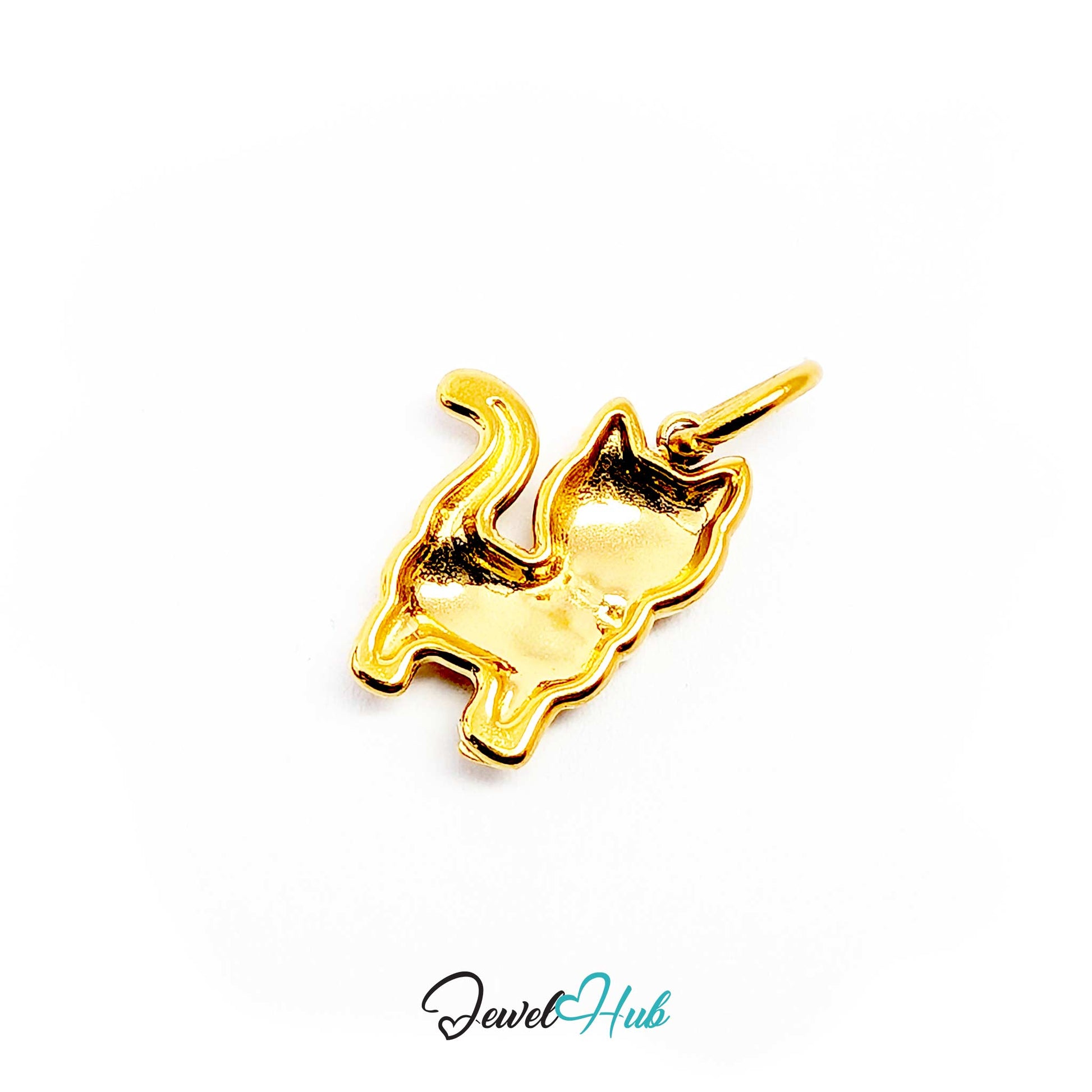 Gold cute cat charm angled to show the upright tail and engraved face - JewelHub