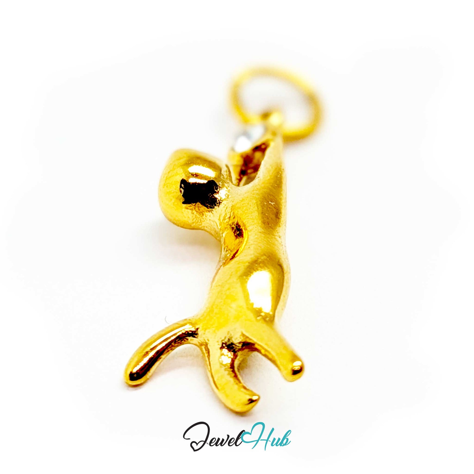 Gold hanging cat charm from the front, showing the crystal above its raised paws - JewelHub