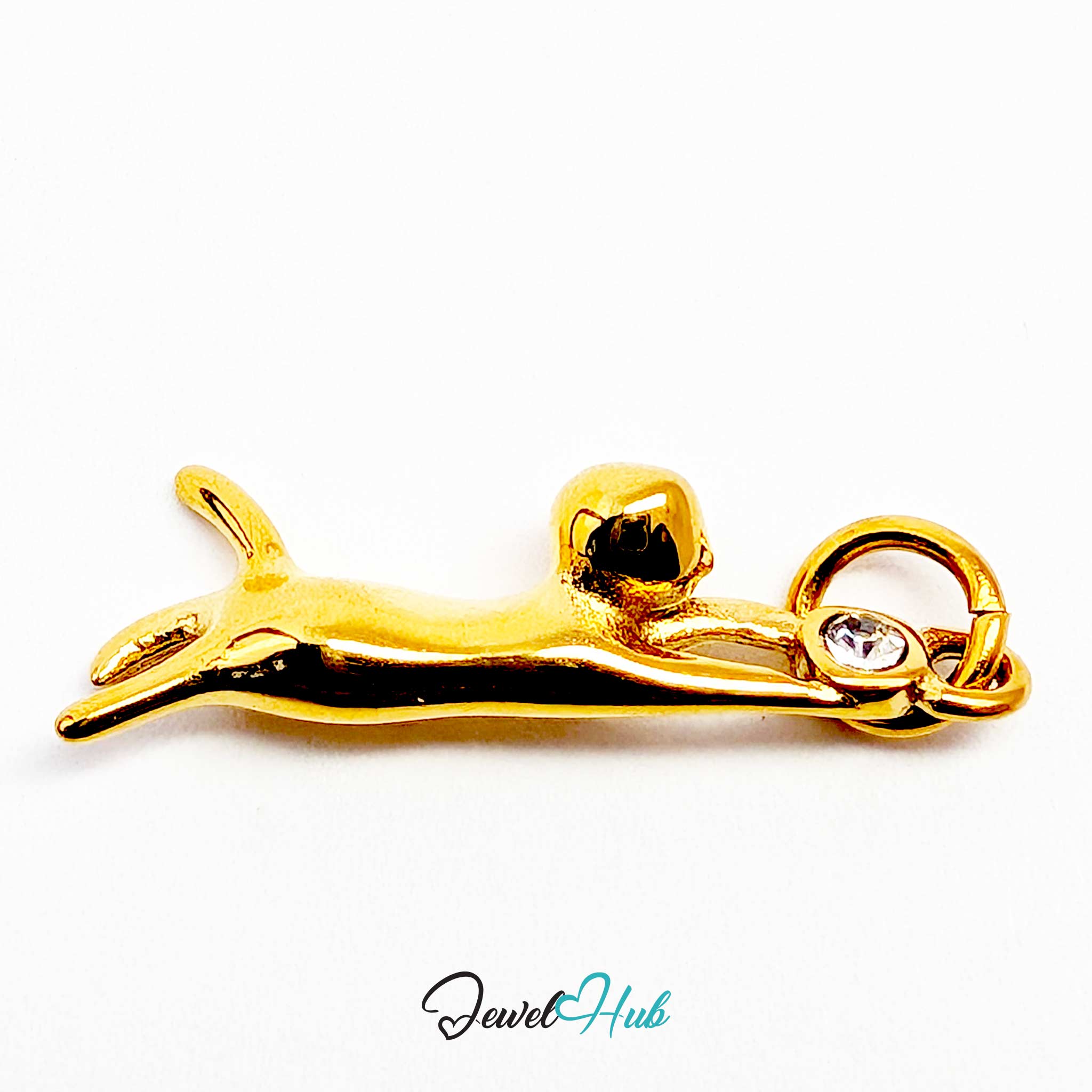 Gold hanging cat charm held horizontally to show its full 25mm stretch - JewelHub