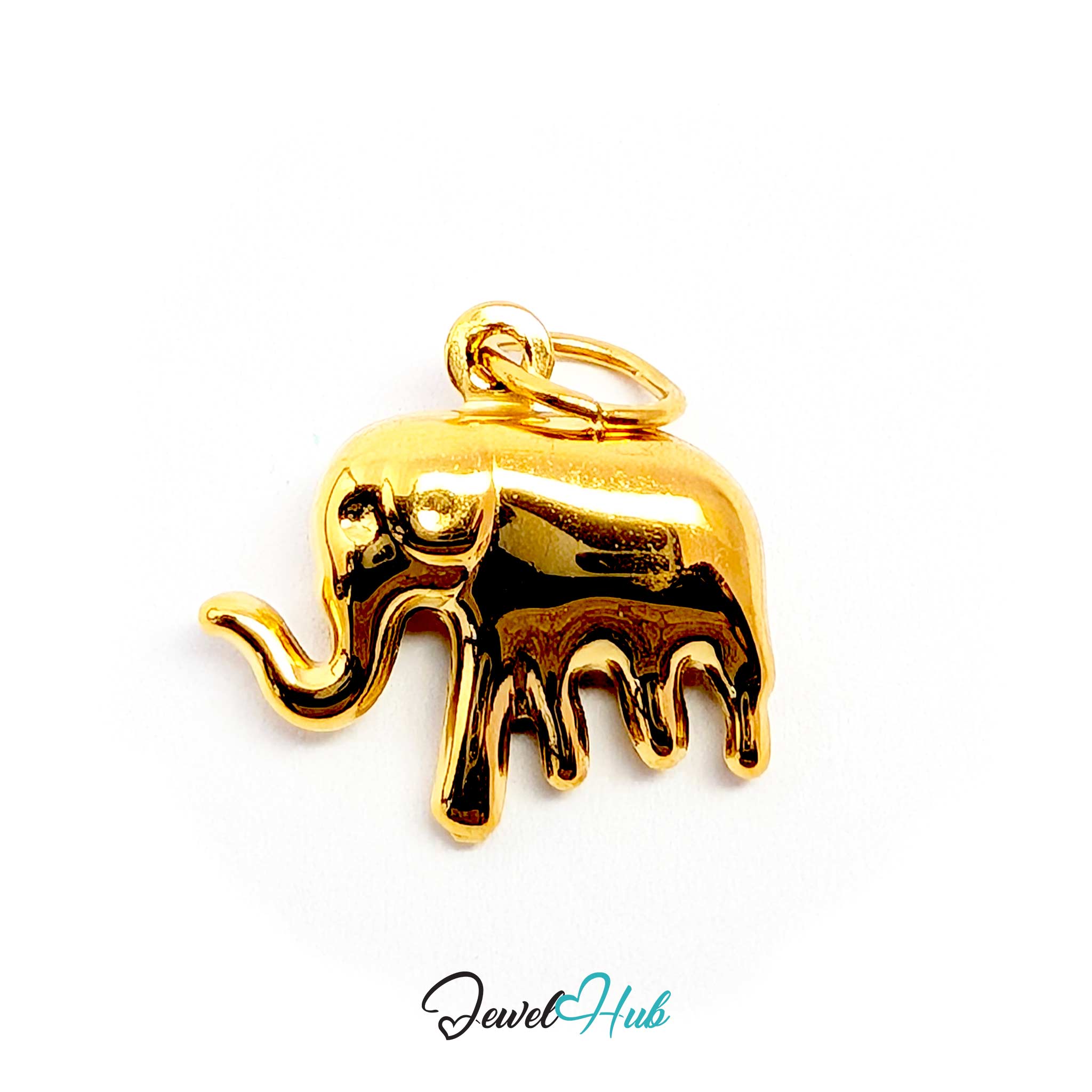 Gold elephant charm angled to show the fanned ear and raised trunk - JewelHub