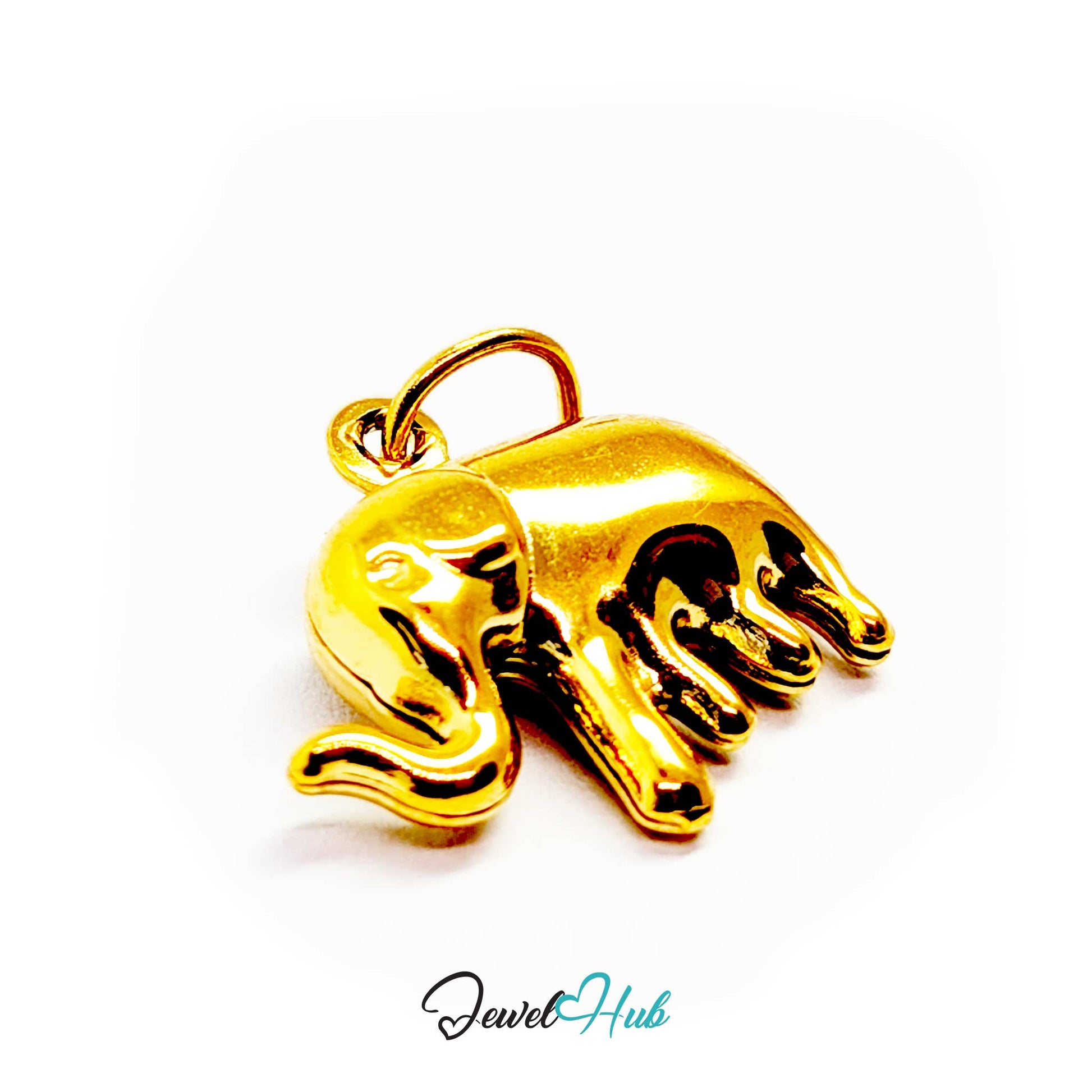 Gold elephant charm from above, showing its slim 2.2mm profile - JewelHub