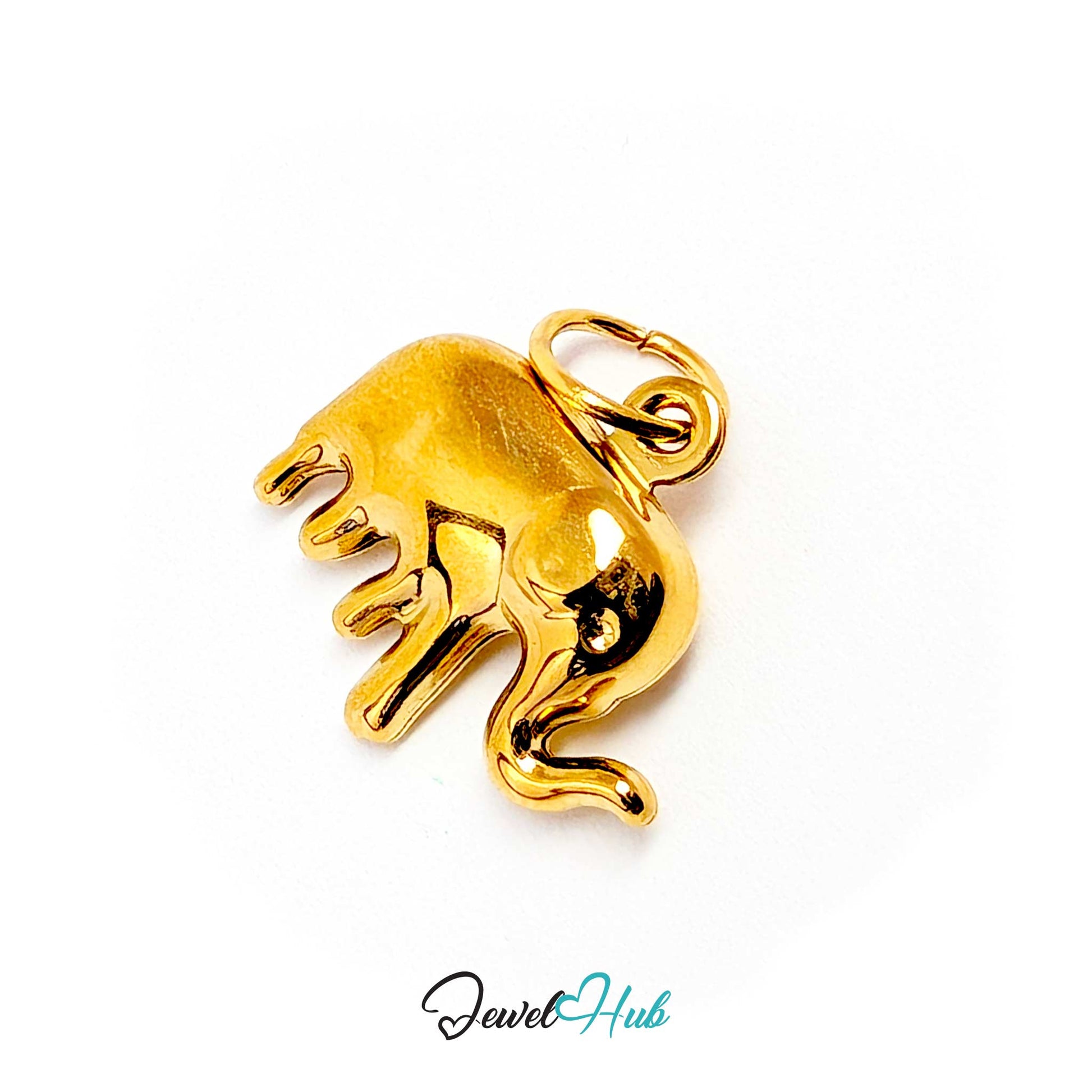 Gold elephant charm tilted to show the four legs mid-stride - JewelHub