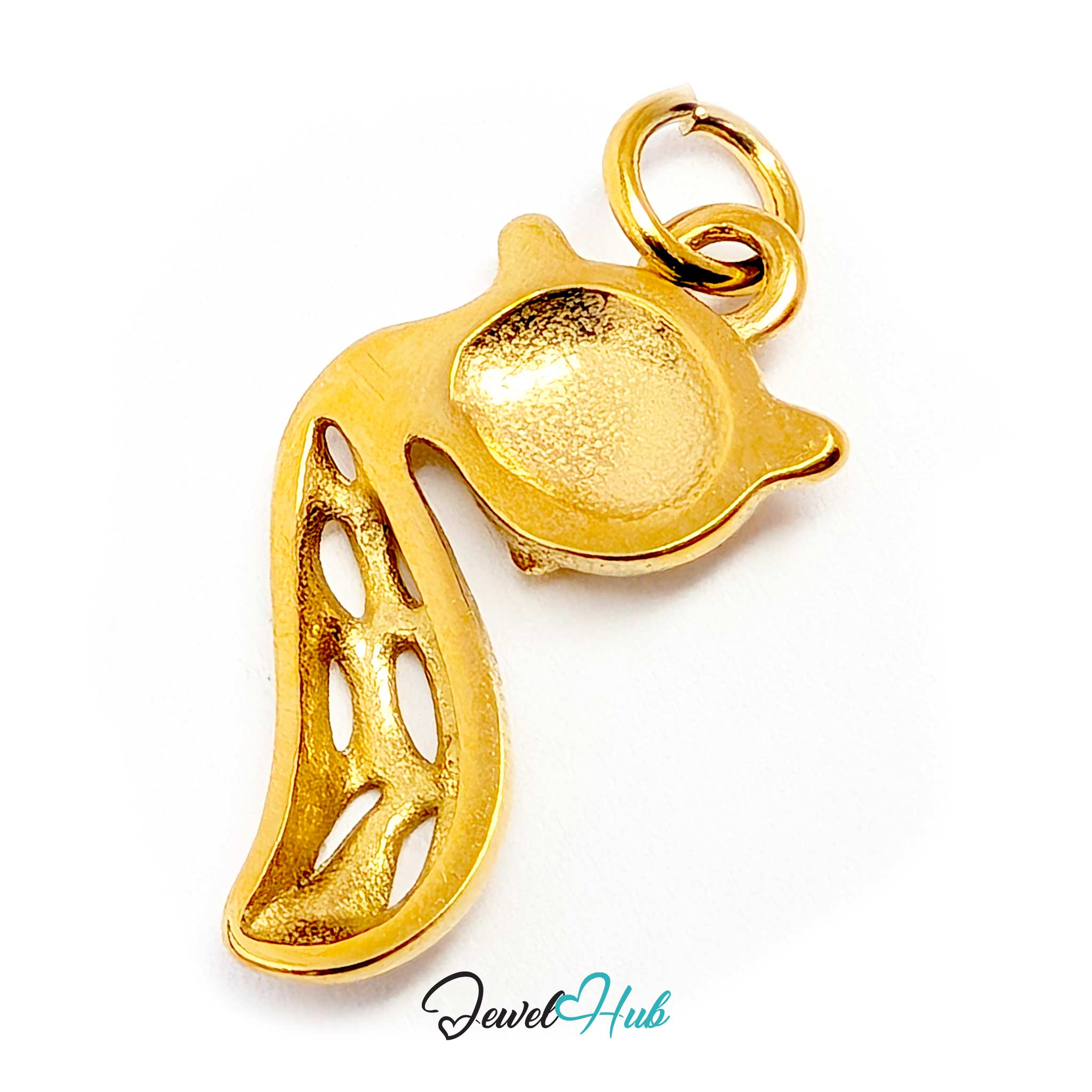Gold fox charm tilted to show its slim 2.5mm profile - JewelHub