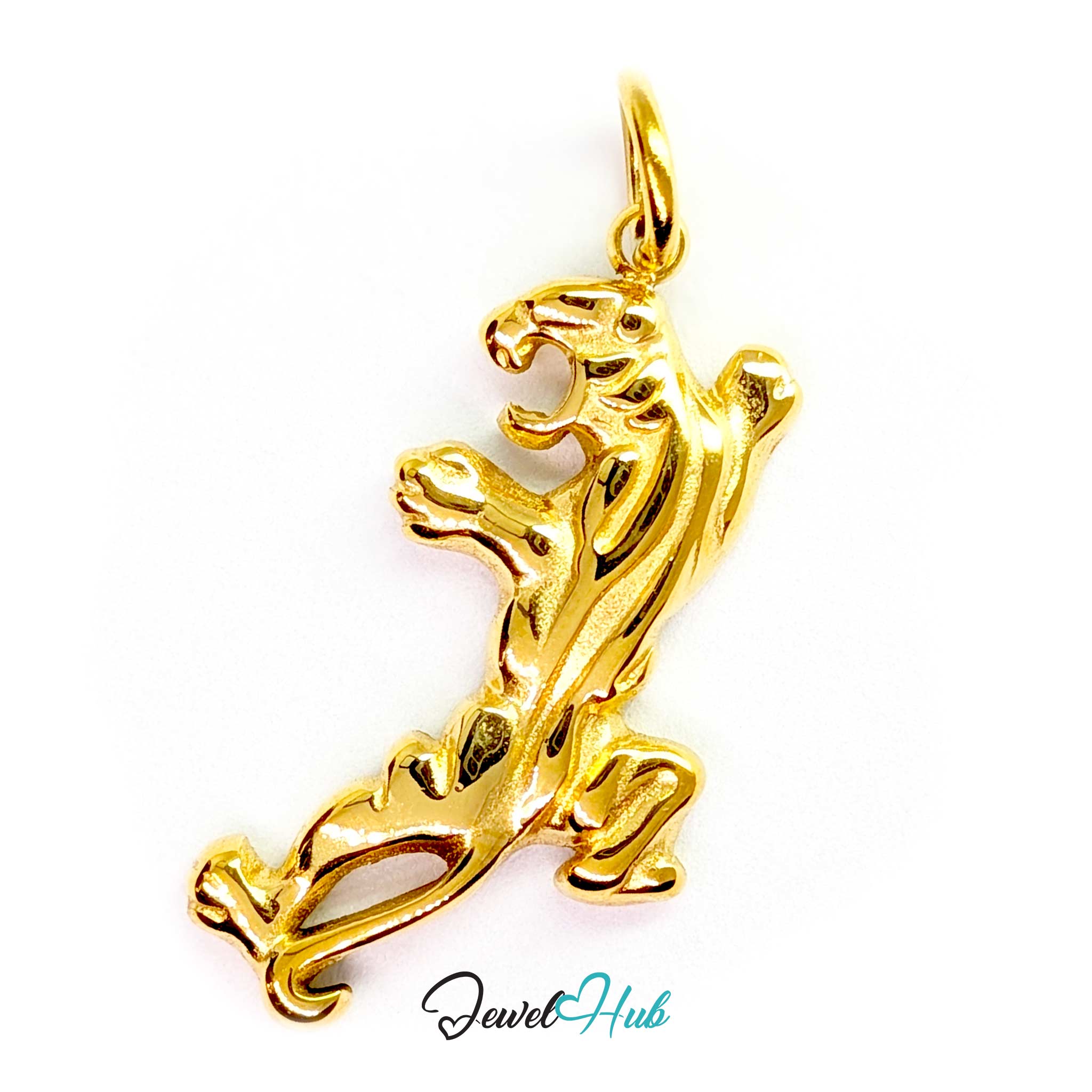 Prowling tiger charm in gold stainless steel with raised fur detail - JewelHub