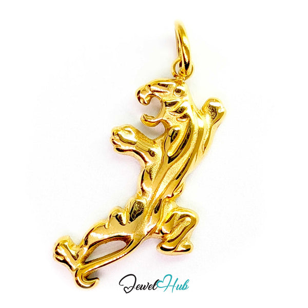 Prowling tiger charm in gold stainless steel with raised fur detail - JewelHub