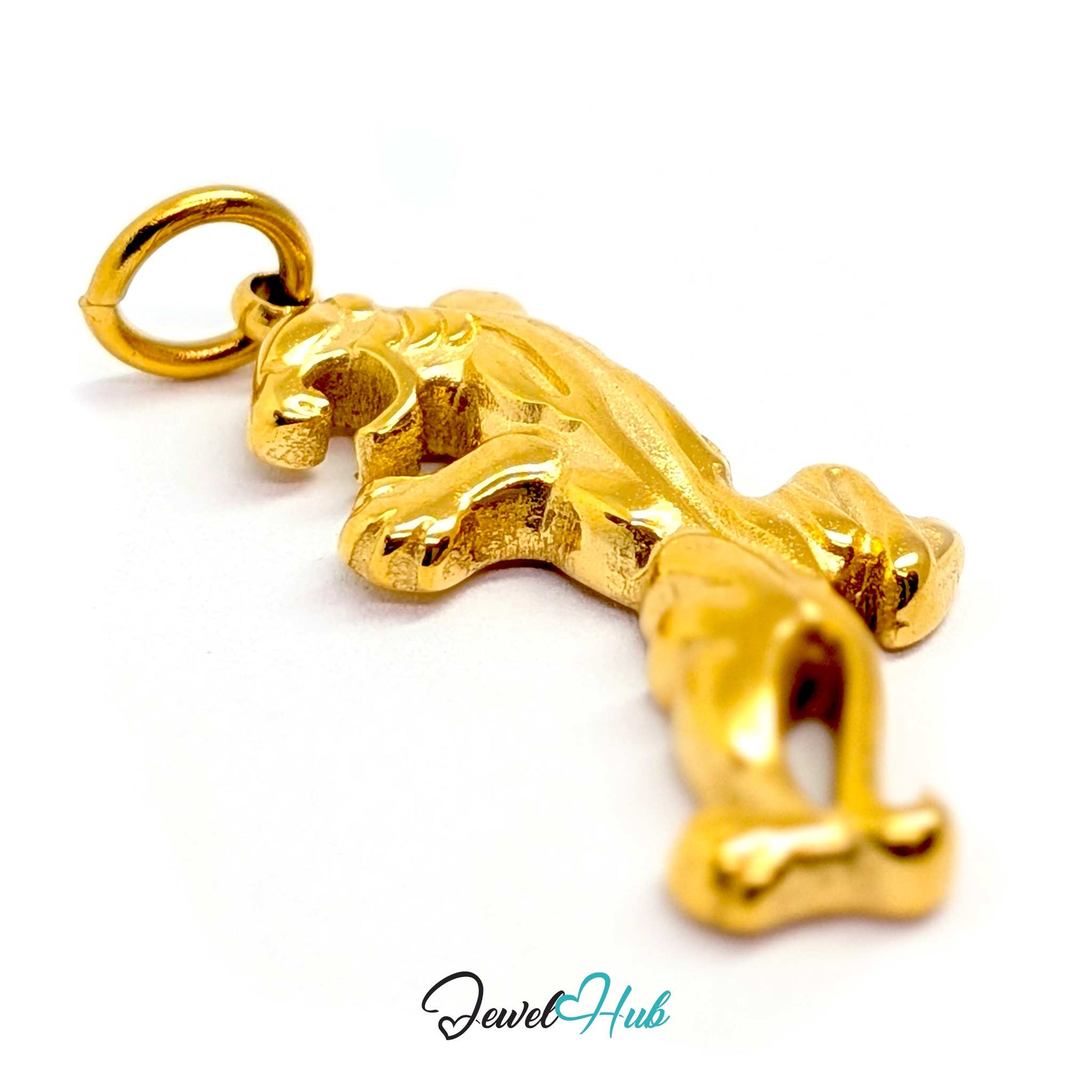 Gold tiger charm angled to show the lifted front paw and streaming tail - JewelHub