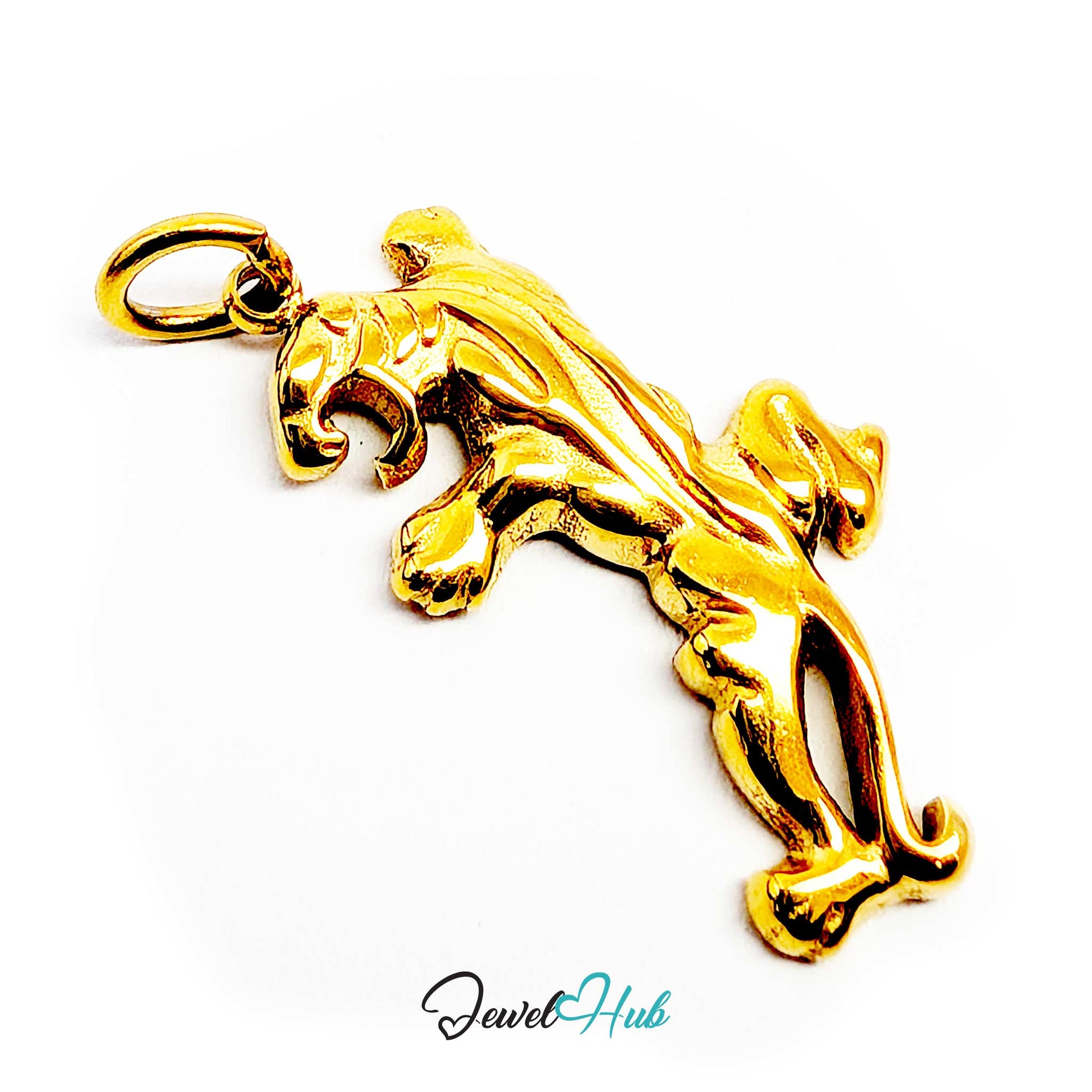 Gold tiger charm upright, showing the openwork gaps between the legs - JewelHub