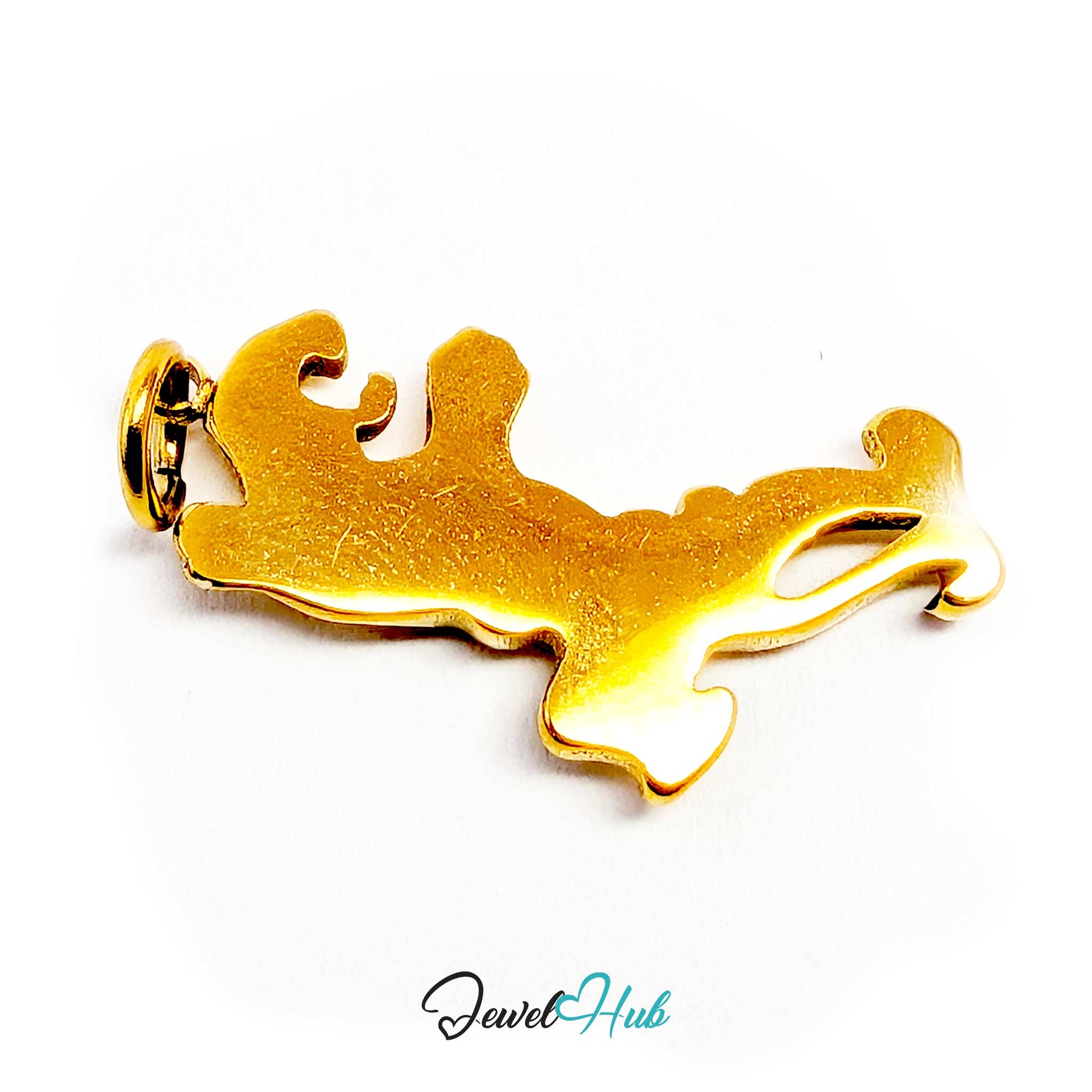 Gold tiger charm laid on its side to show its flat 2.5mm depth - JewelHub
