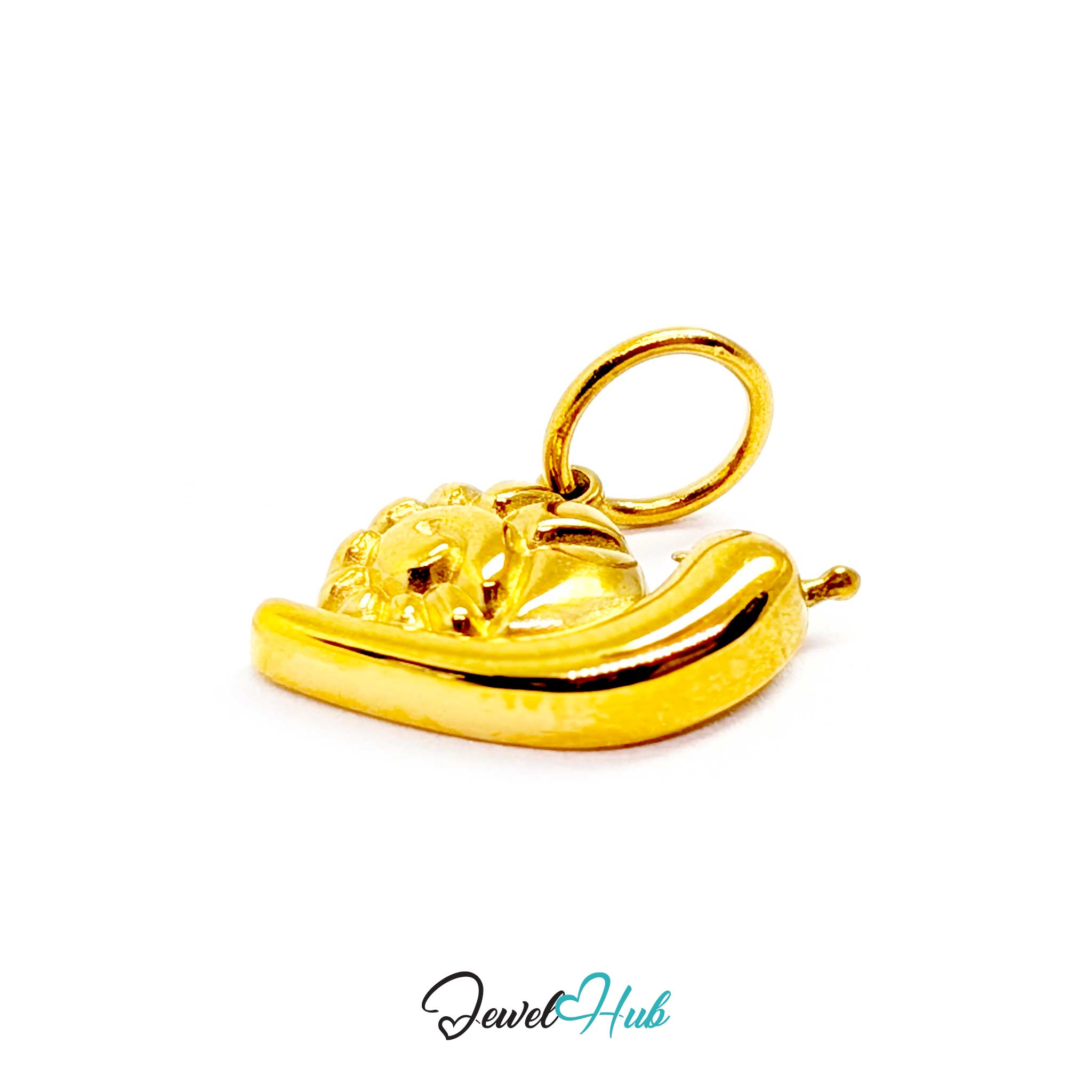 Gold snail charm from above, showing the smooth polished body and raised antennae - JewelHub