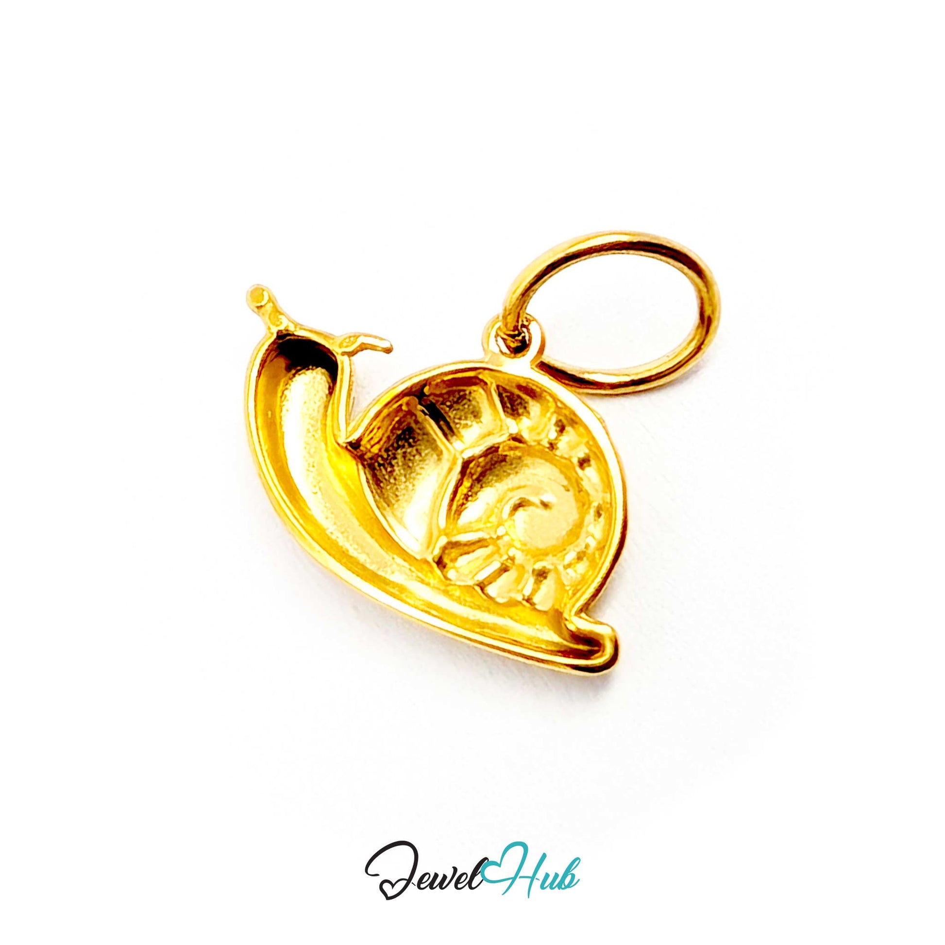 Gold snail charm tilted to show its slim 2.3mm profile - JewelHub