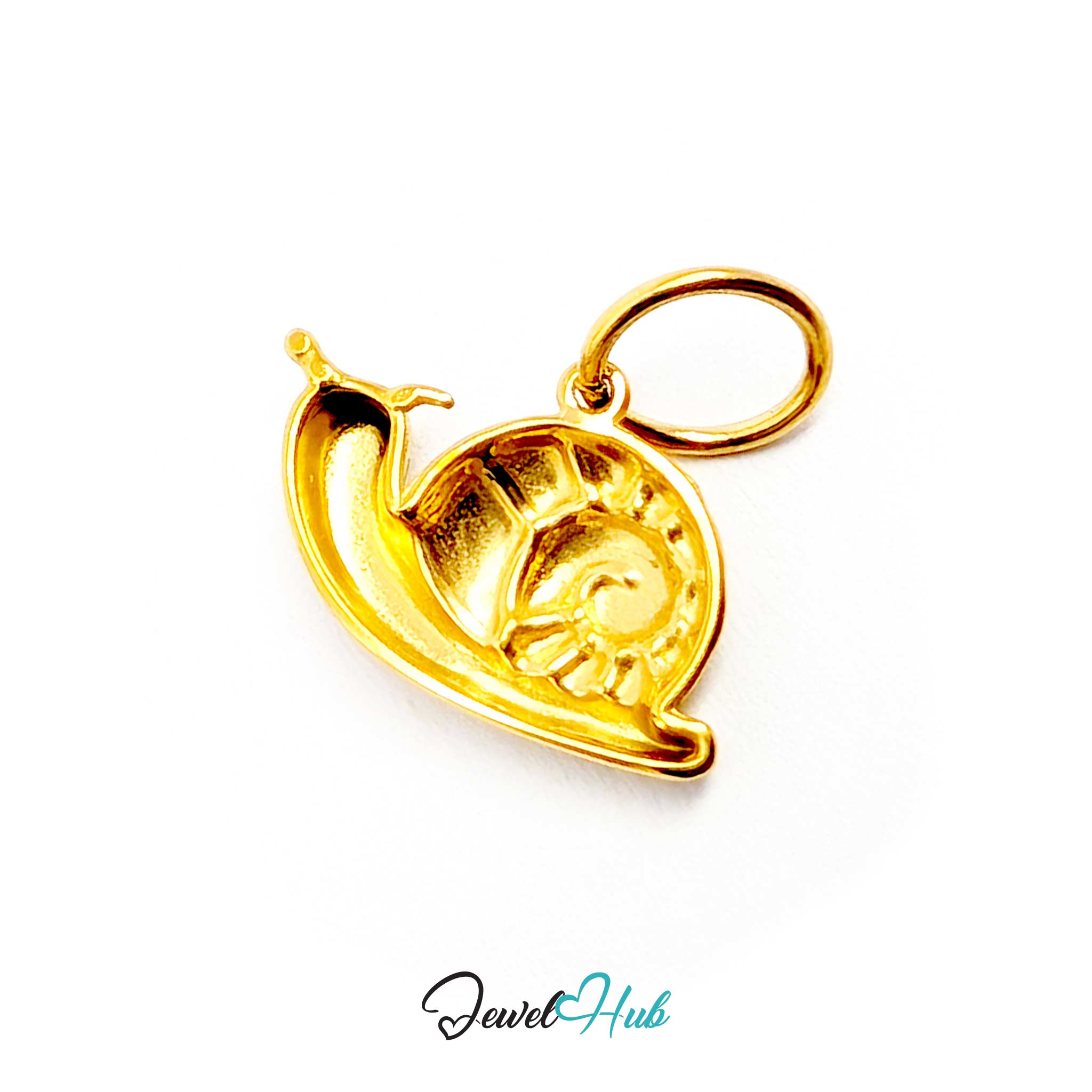 Gold snail charm tilted to show its slim 2.3mm profile - JewelHub