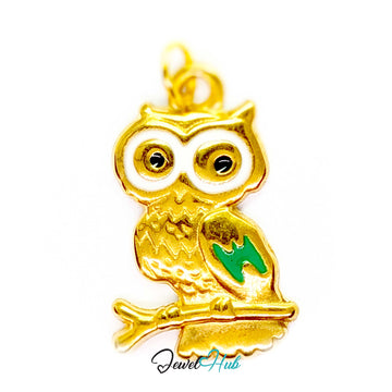 Enamel owl charm in gold stainless steel with white eyes and a green wing - JewelHub