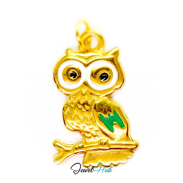 Enamel owl charm in gold stainless steel with white eyes and a green wing - JewelHub