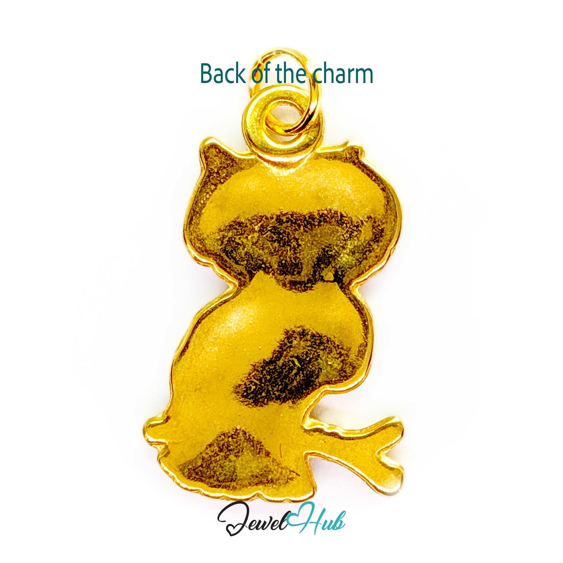 Back of the gold owl charm - a smooth satin dome with no enamel - JewelHub