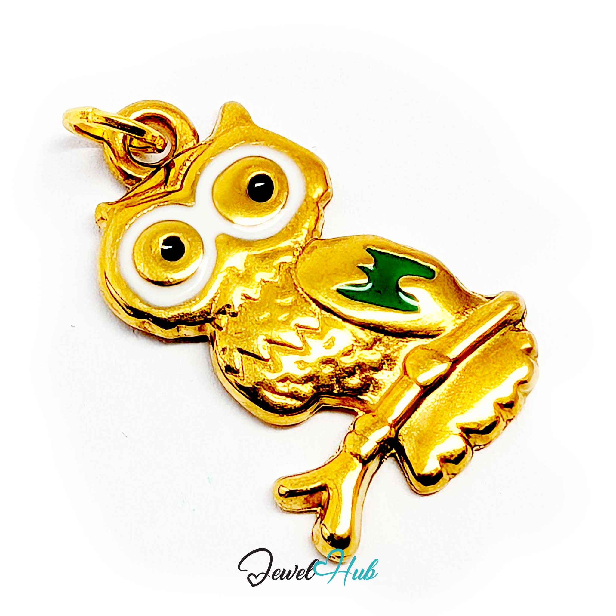Gold owl charm upright, showing the black enamel pupils in white rings - JewelHub