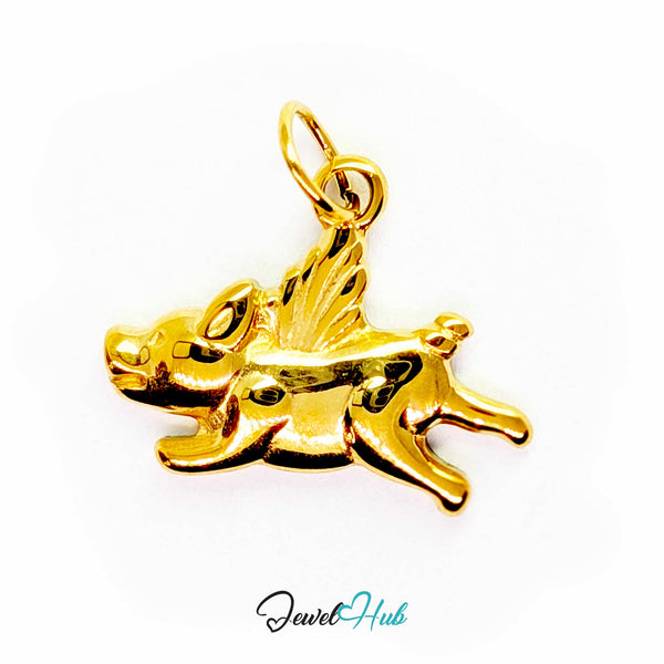 Flying pig charm in gold stainless steel with raised feathered wings - JewelHub