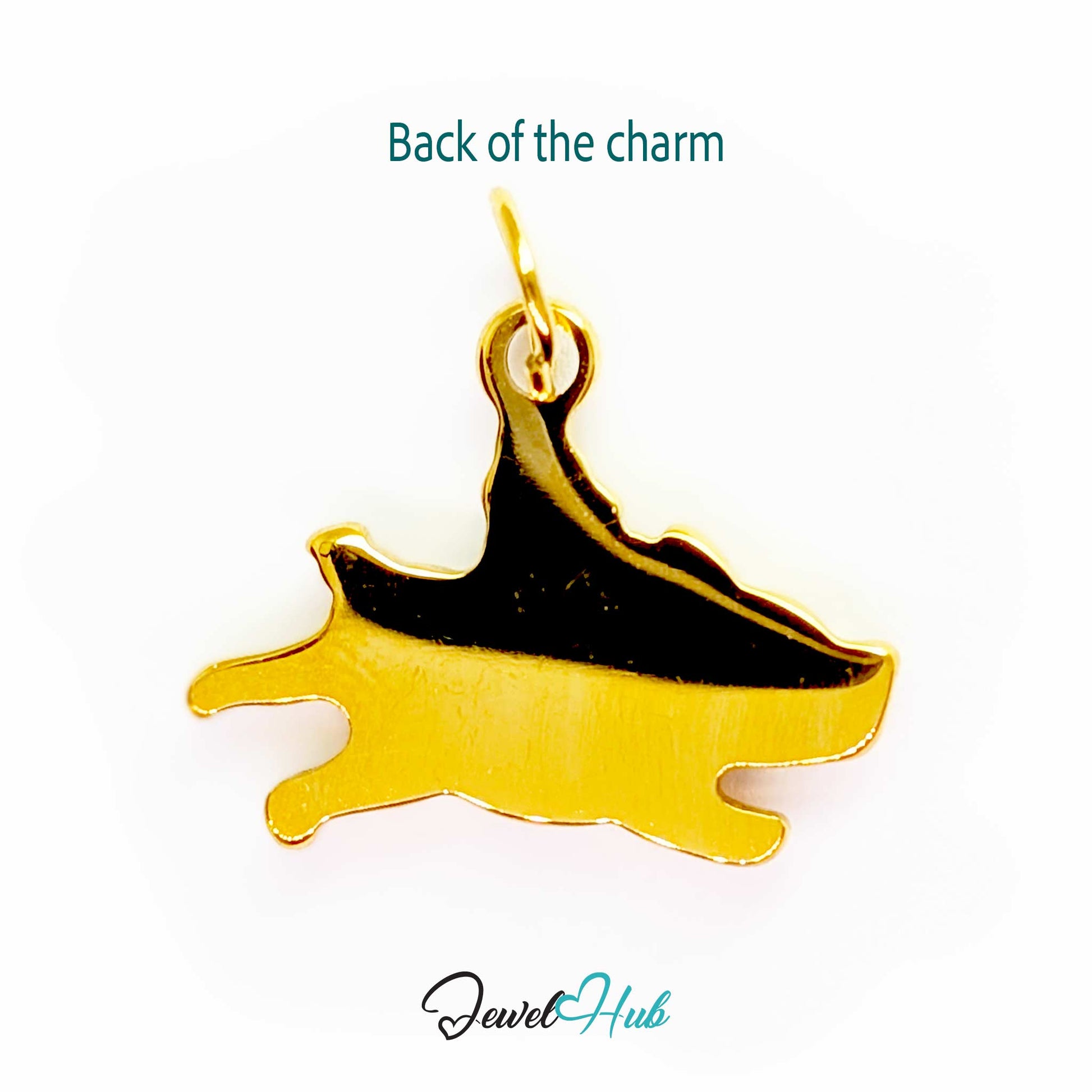 Back of the gold flying pig charm - a flat polished panel for engraving - JewelHub