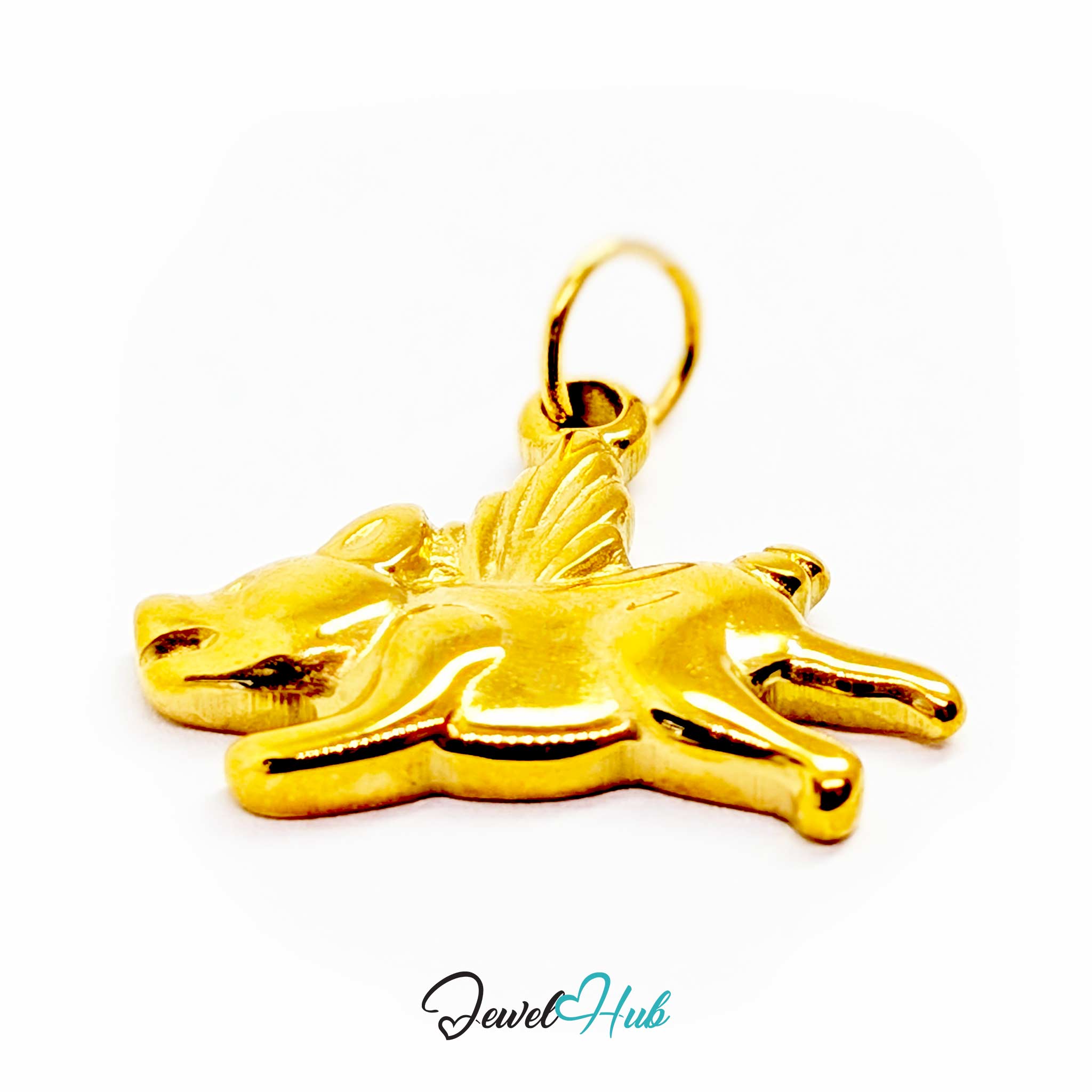 Gold flying pig charm from above, showing the wings standing proud of the body - JewelHub