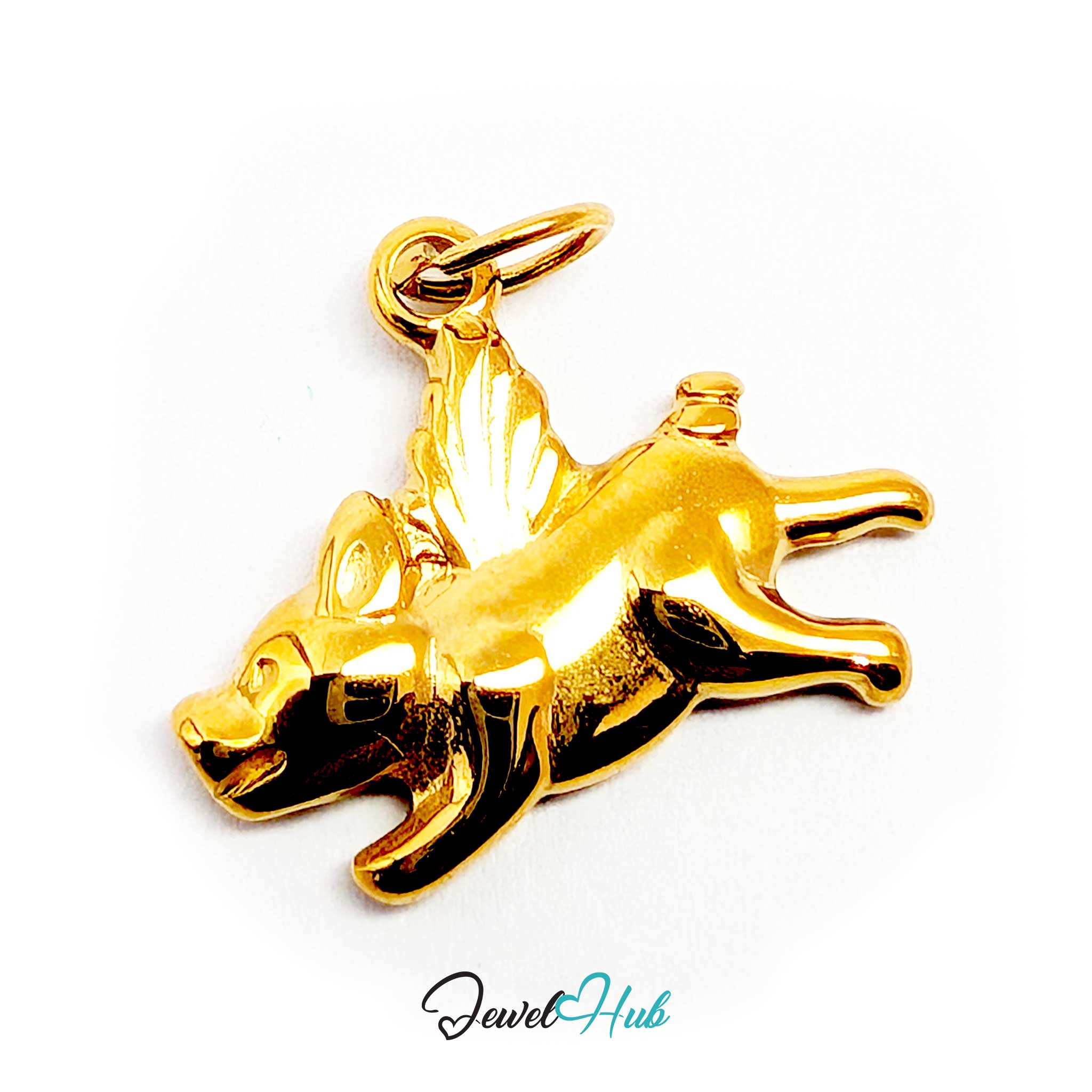 Gold flying pig charm angled to show the snout, trotters and curled tail - JewelHub
