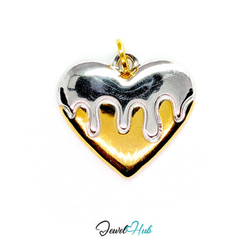 Drip Heart charm, two-tone stainless steel - silver melting in drips over a gold base - JewelHub
